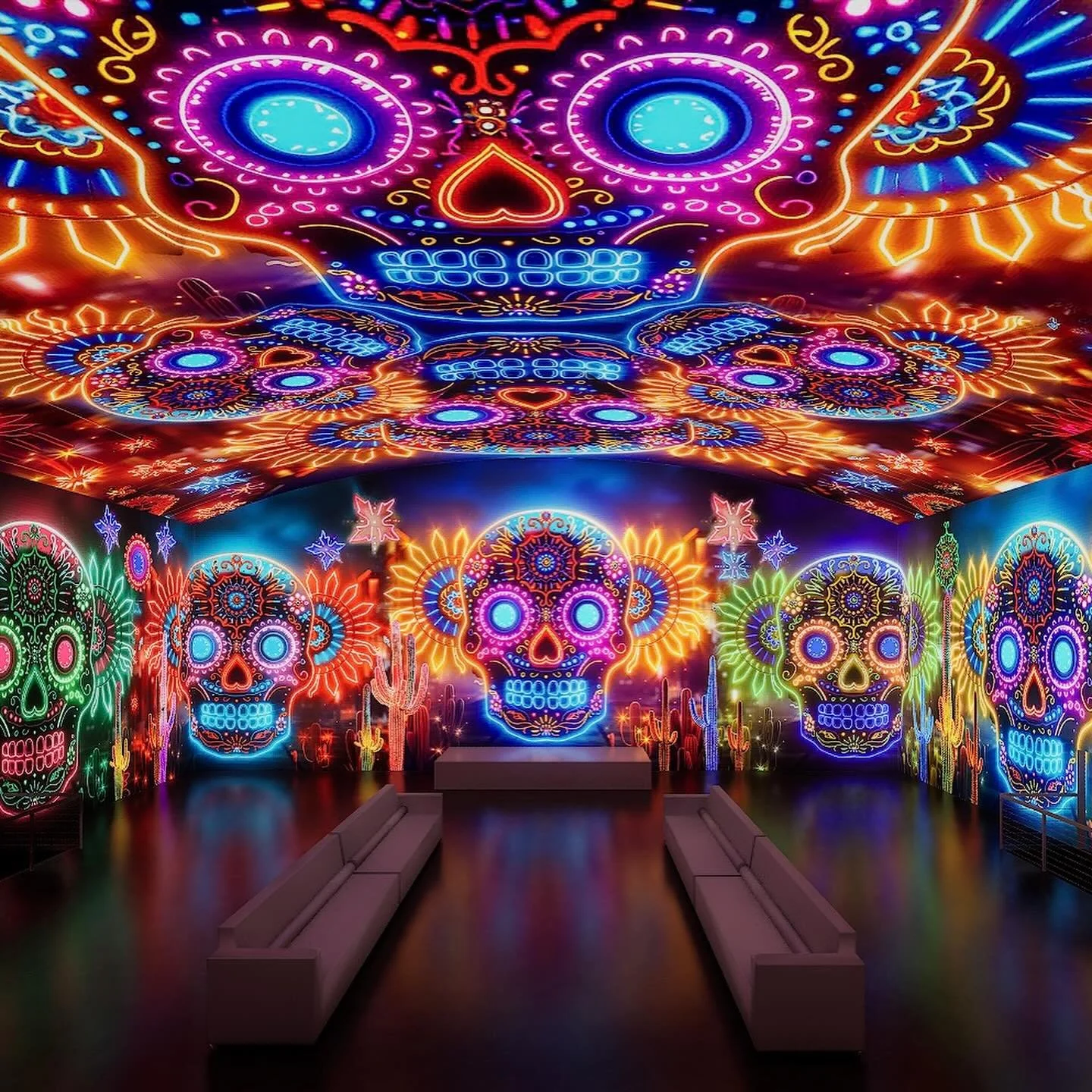 Vivid neon sugar-skull projections filling the ceiling and walls of The Temple House