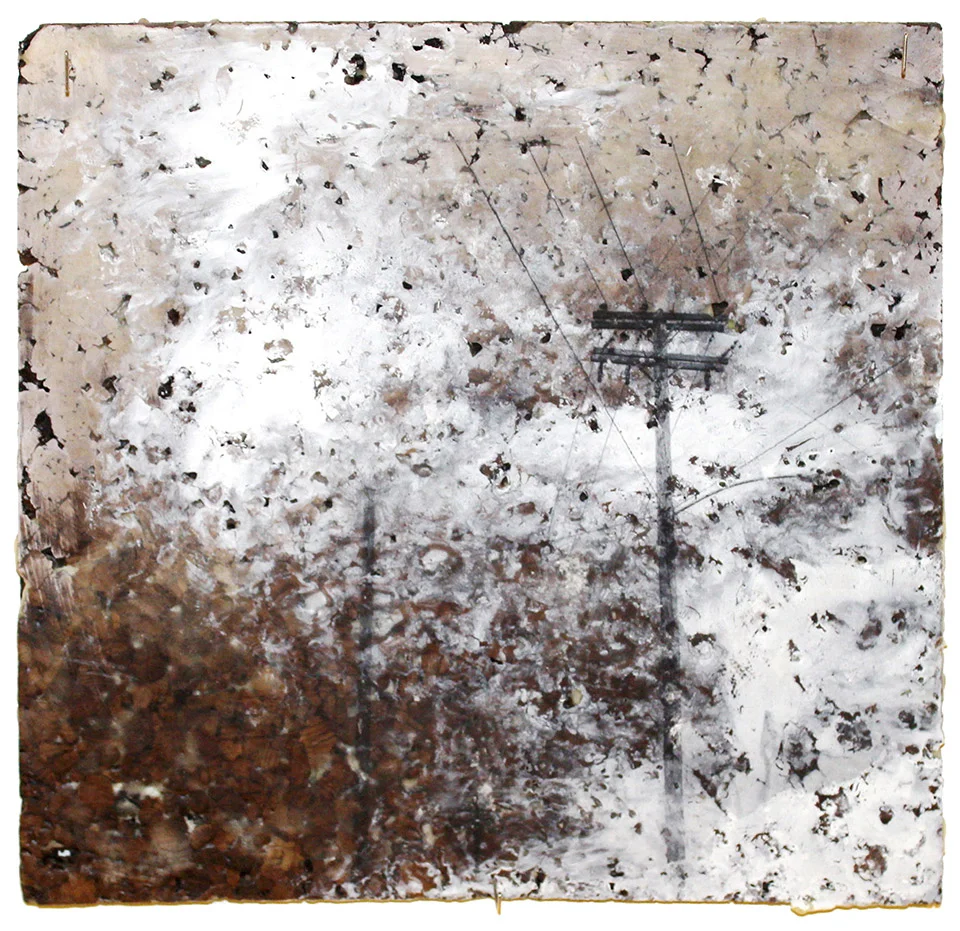 "Wires" Encaustic Transfer on Cork - Student #28