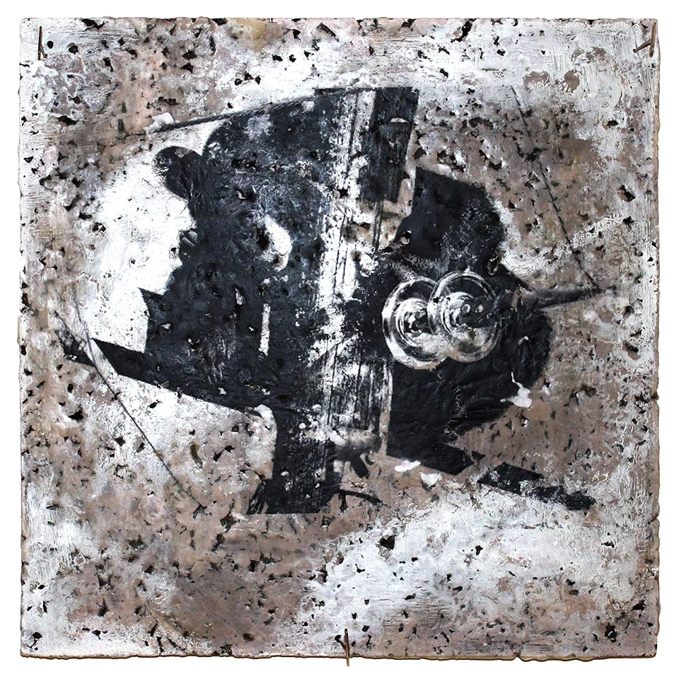 "Bear on Wires" Encaustic Transfer on Cork - Student #28