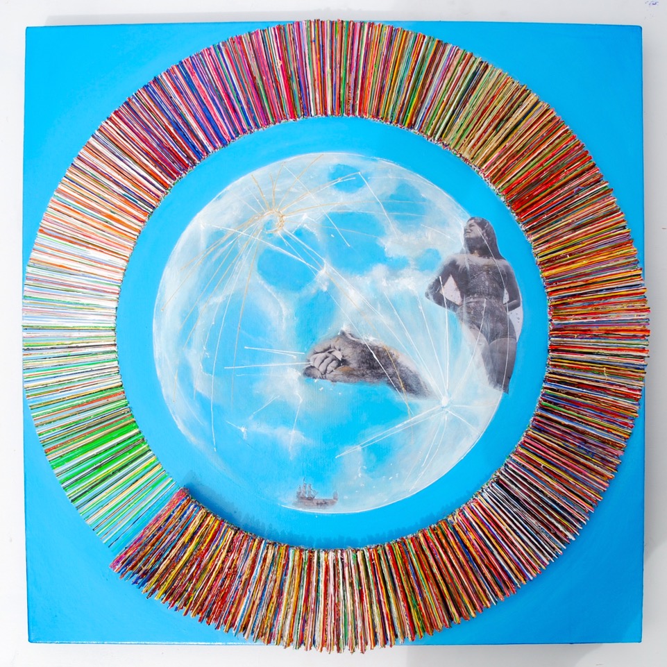 Autumn , complex, pointed and allusive, published in 2016 and about 2016 and Brexit. But it is also about the 1960s and the pop artist Pauline Boty. The collage here is from a Boty painting ( Untitled ). The colour's of Smith's text make a kind of stepping circle or clock (or EU flag?). And it is serendipitous that the pink and azure colours in the top right (where the woman is looking) correspond to those in the Boty painting where they consist of lace collage.