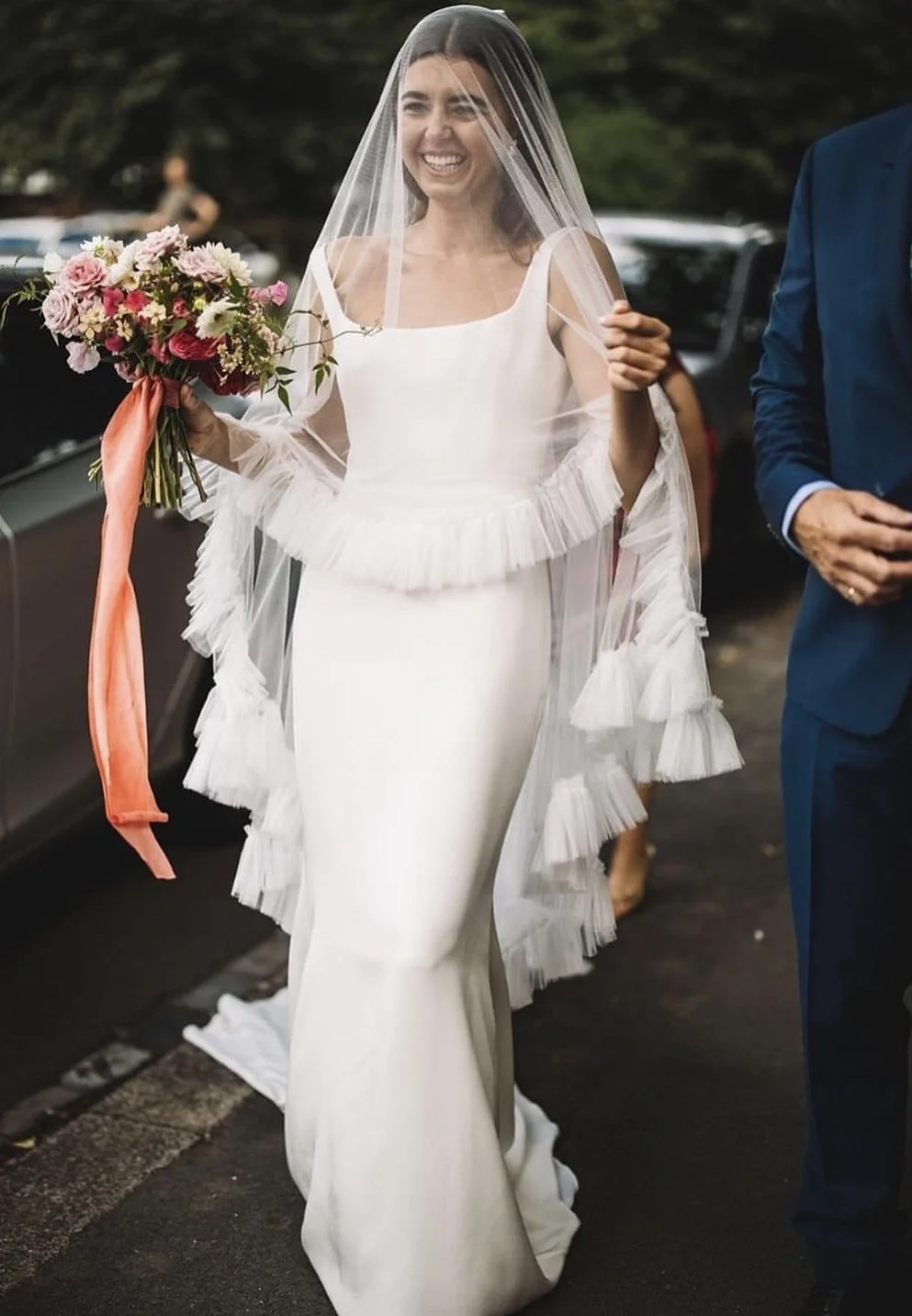 Ivory Bridal Veil with Ruffle Tiers Ruffled Wedding Veil With Blusher: Two-tier Bohemian Tulle  main image 2