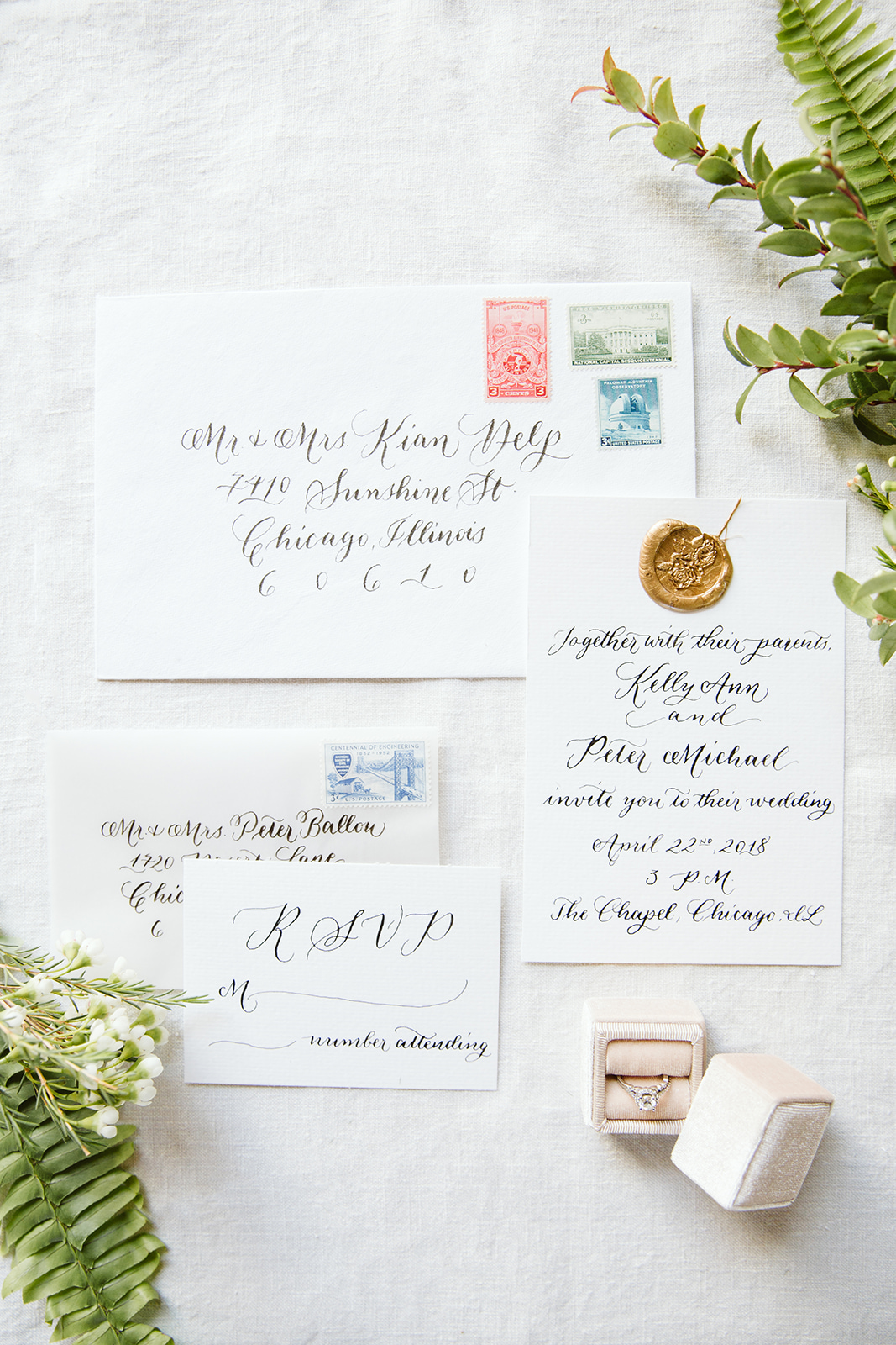 Classic wedding invitation suite with custom calligraphy