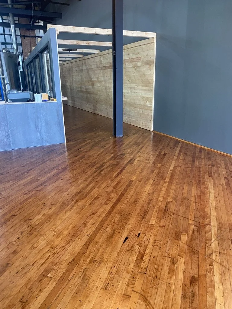 Refinished hardwood floor along a brewery bar, Norwalk, CT