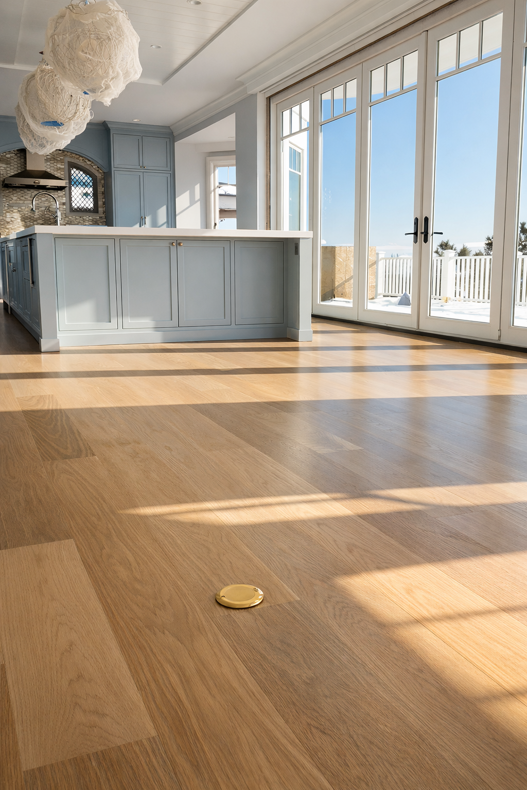 Finished natural white oak hardwood floor in a Stamford, CT kitchen with light blue cabinetry