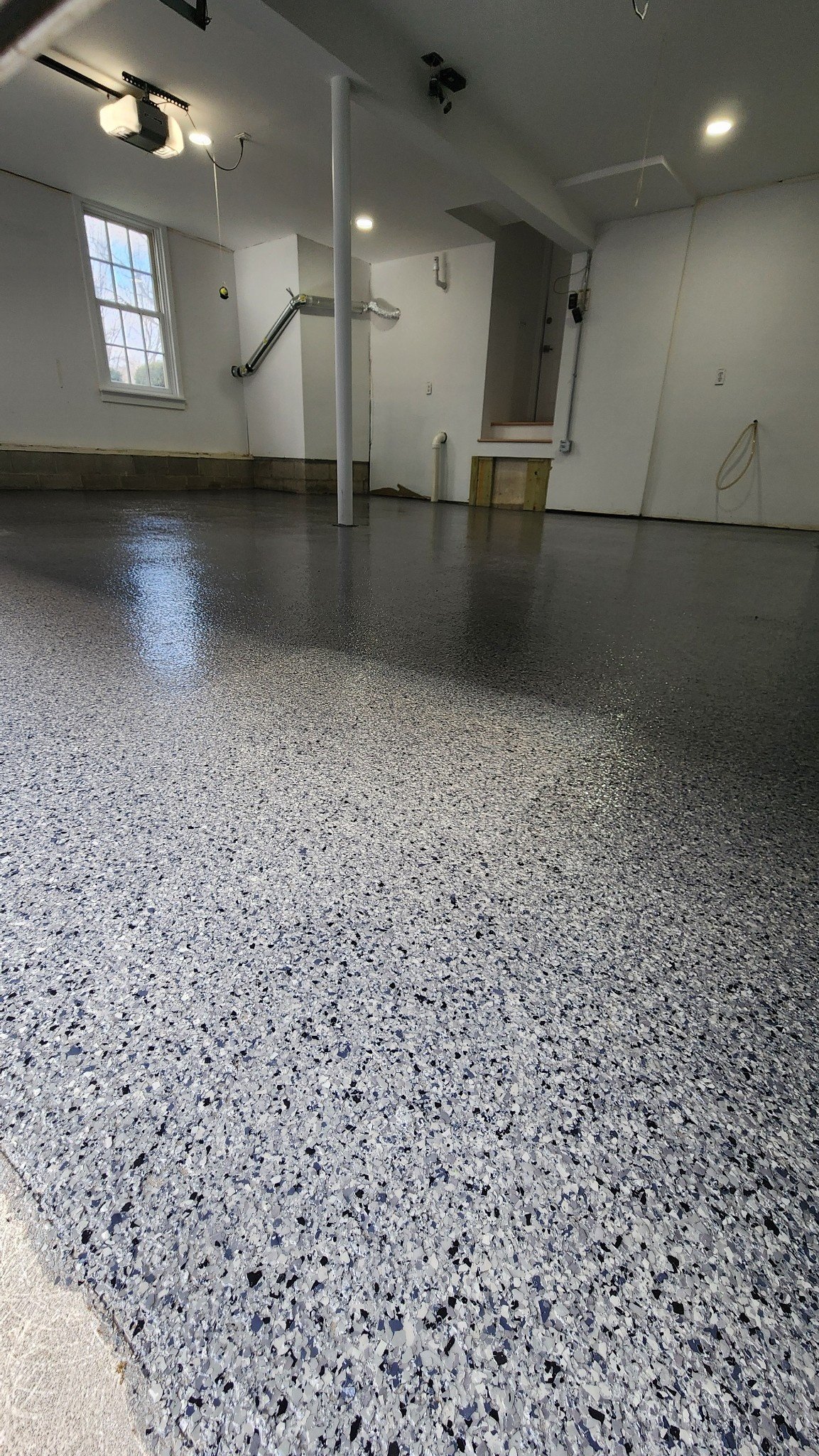 Wide view of finished flake epoxy garage floor, Weston, CT