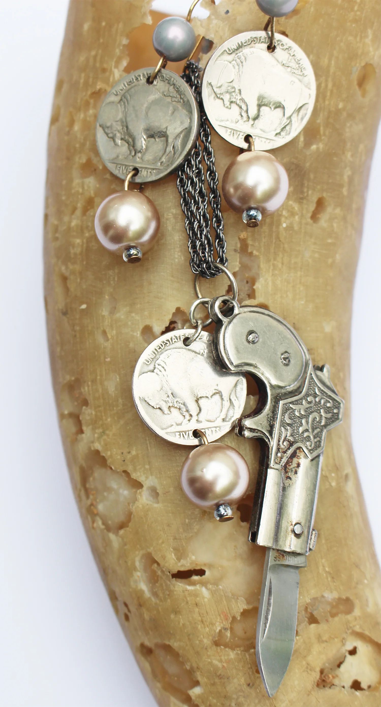 Buffalo Nickel Earrings with Natural Pearl/ Pocketknife Necklace with Buffalo Nickel and Natural Pearl 