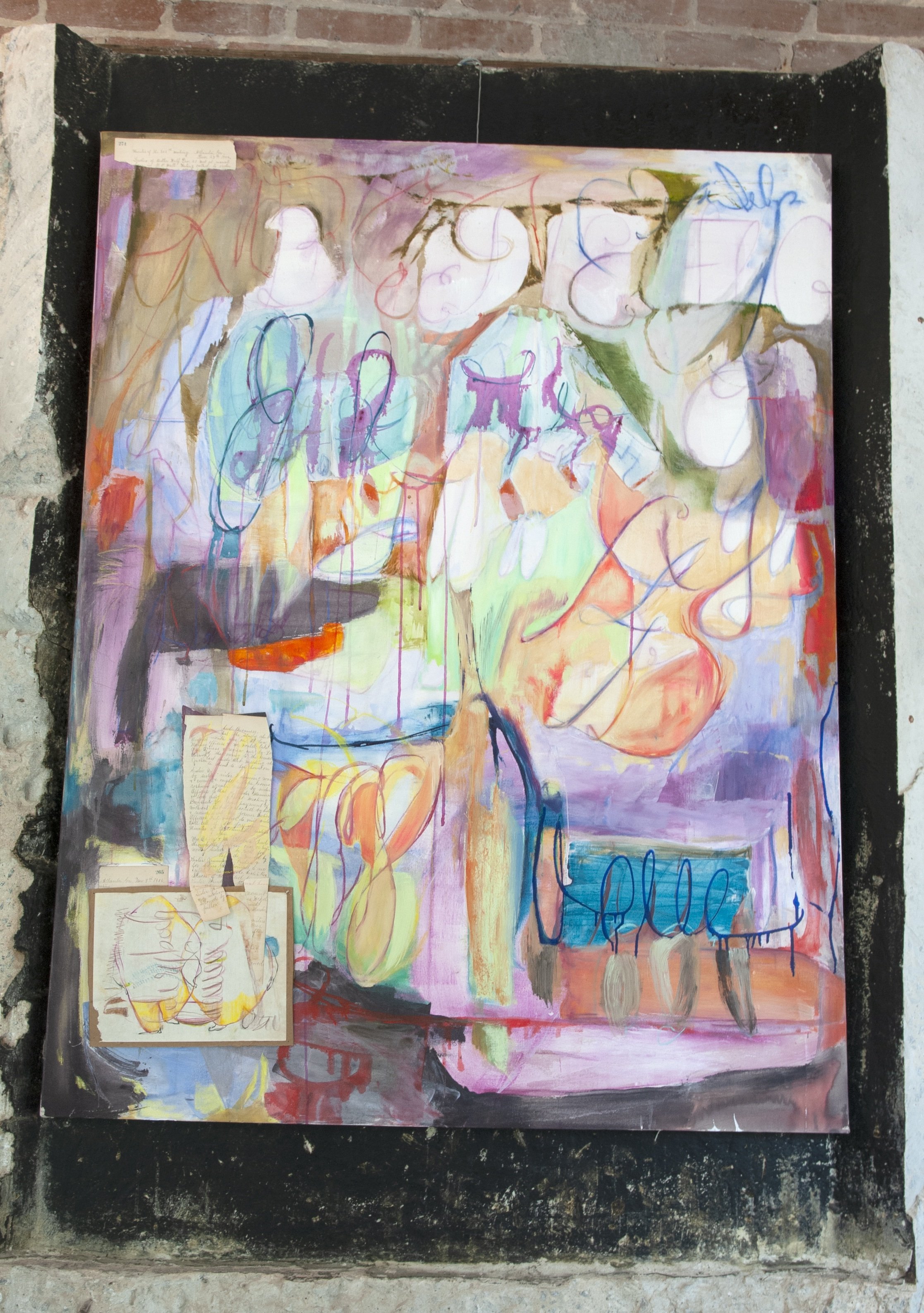   Letter Relics, 2023, Diptych   54 x 60 inches   Acrylic, crayon, estate sale paper on canvas     