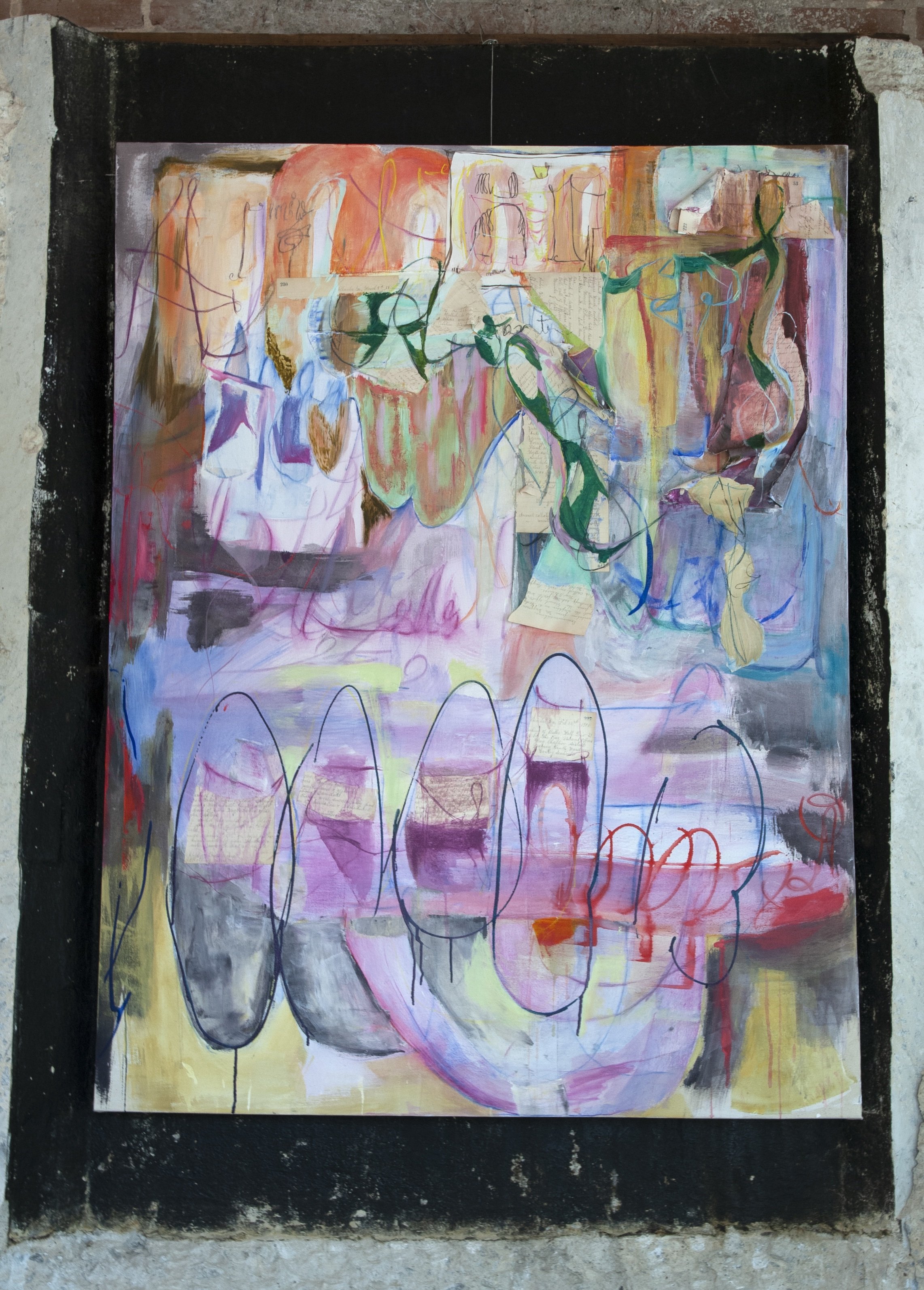  Letter Relics, 2023  Diptych  54 x 60 inches   Acrylic, crayon, estate sale paper on canvas     