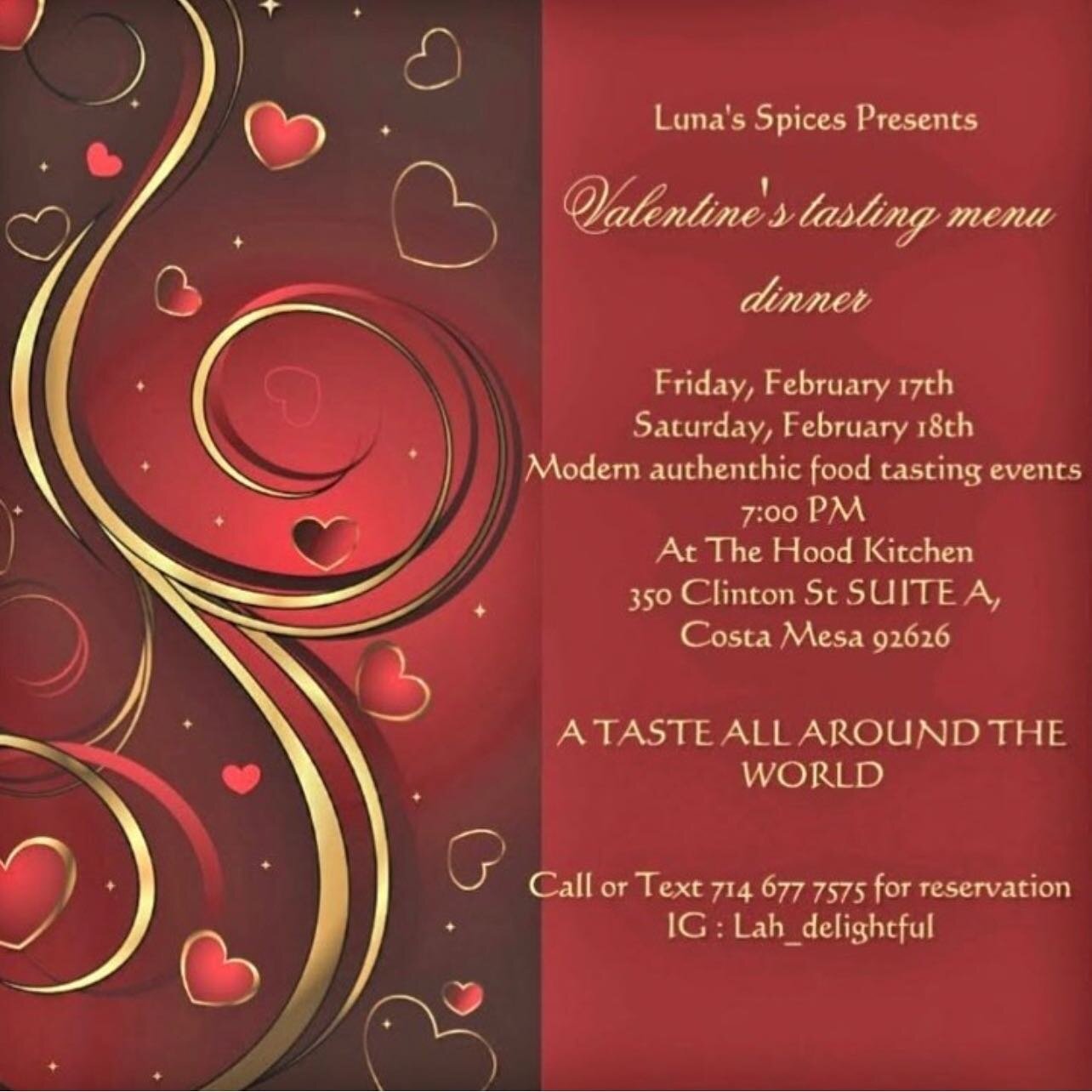 Looking for a special dinner plan for your favorite loved one for  Valentine&rsquo;s weekend? ✨&hearts;️

Join Luna Spices Valentine&rsquo;s Tasting Menu at the Hood Kitchen!

Call or text to reserve your spot!

#lunaspices #thehoodkitchen #costamesa