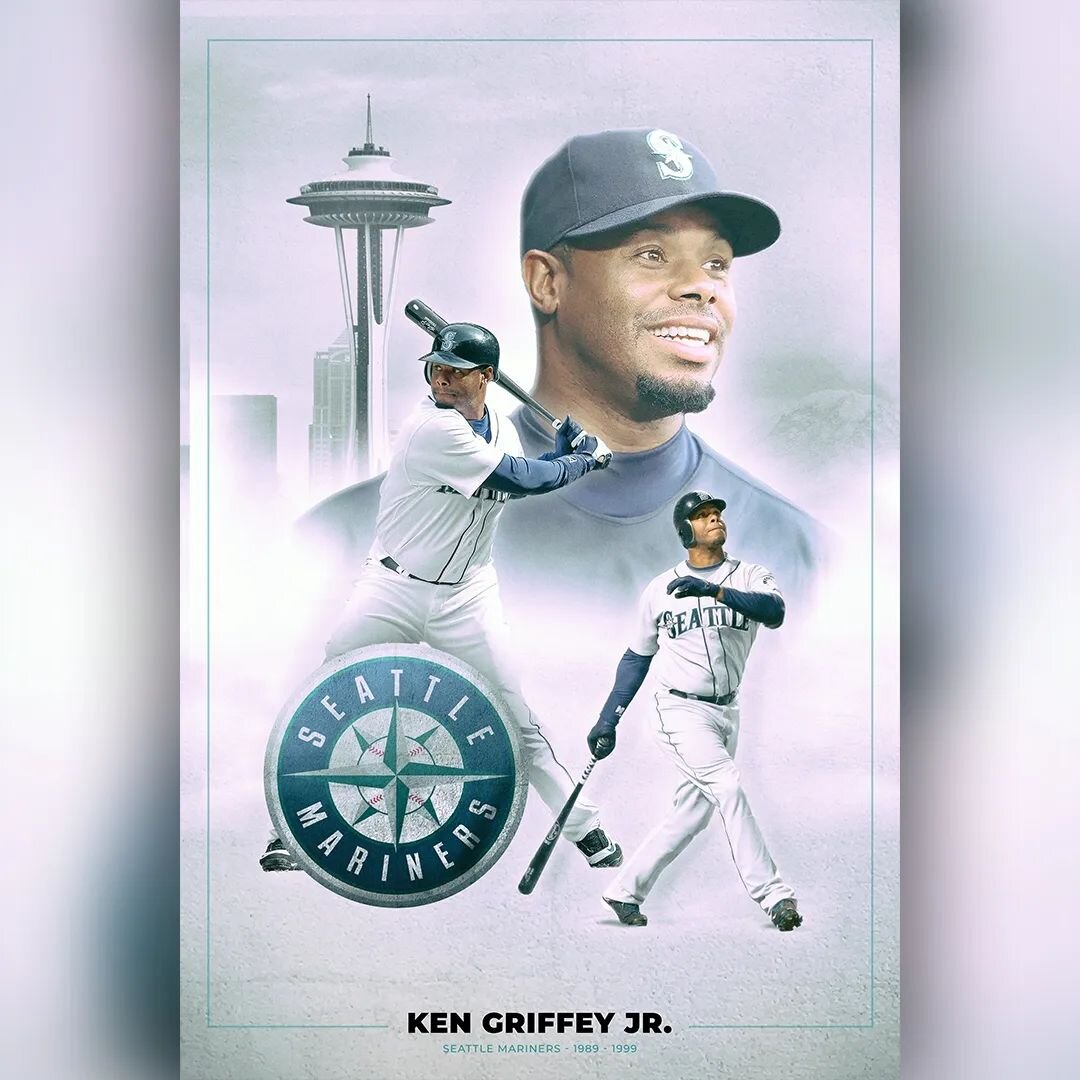 Here is another poster design of &quot;The Kid&quot;, Mr @therealkengriffeyjr . One of the best long ball hitters of the 90's #kengriffeyjr #baseballislife #posterdesign #sportsdesigner