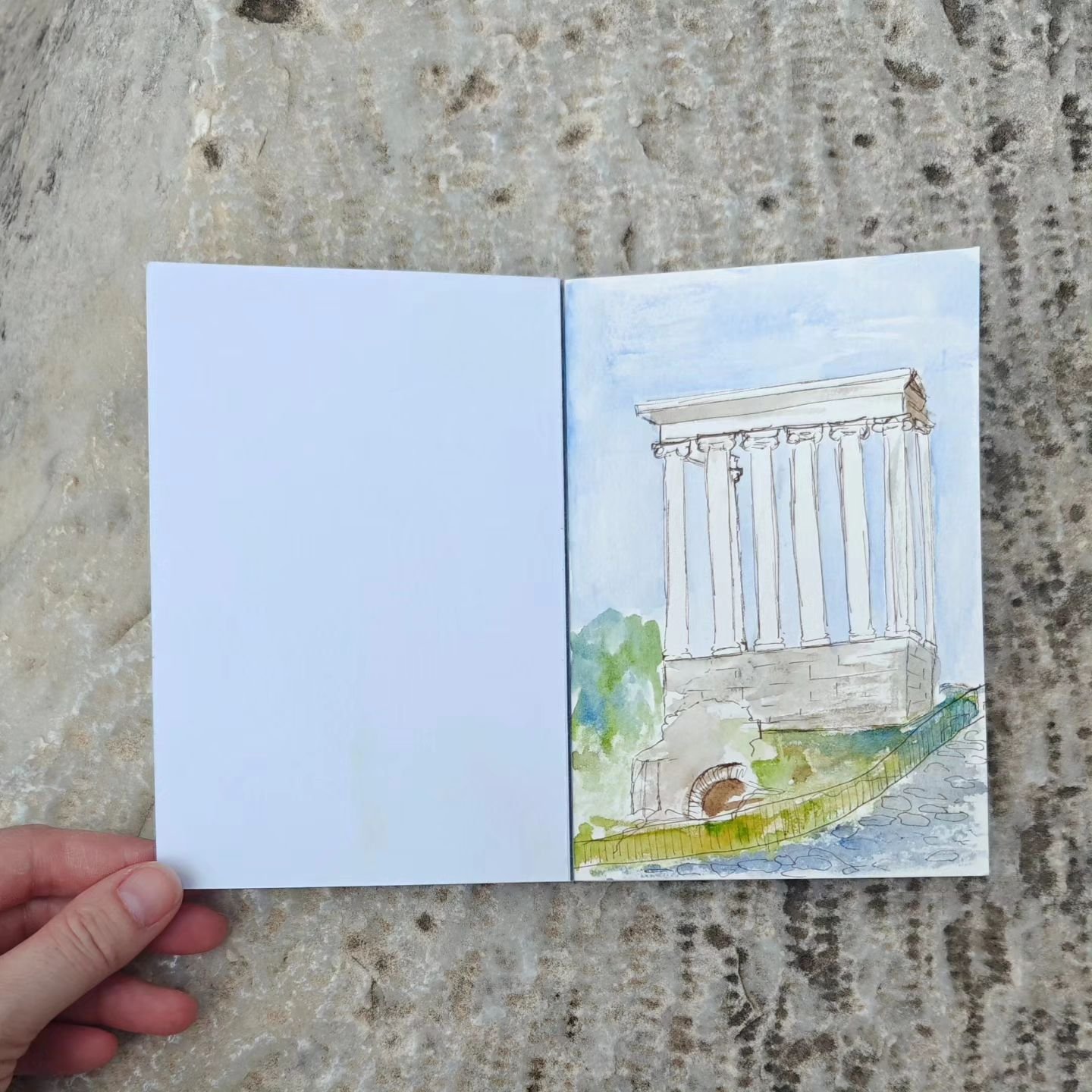 AHI sketch a day in the Roman Forum, this path reminds me of walking down this hill from the Capitoline, back when this pathway past the Temple of Saturn was an entrance and the Forum was free to wander. #sketch #penandwash #templeofsaturn #fororoman