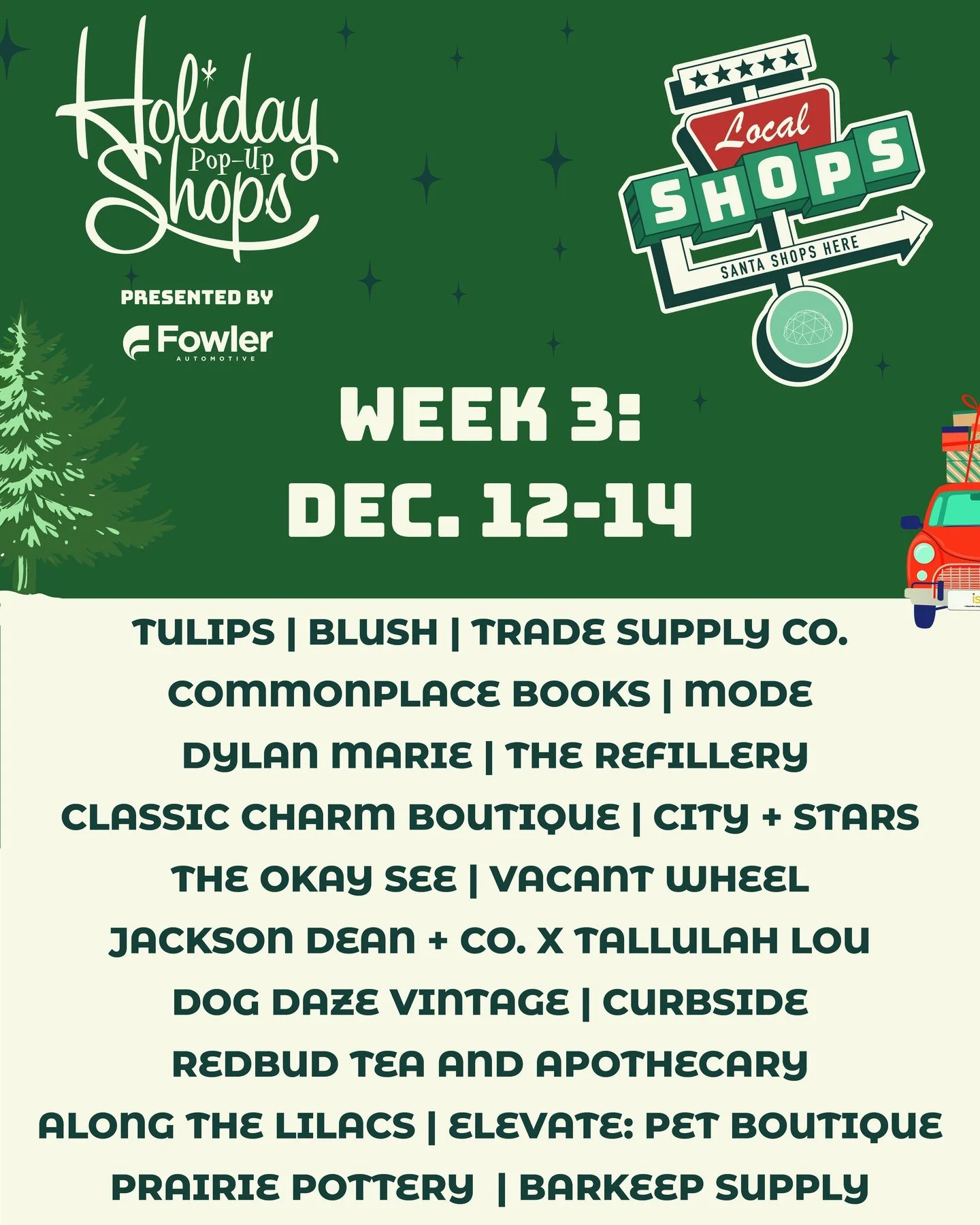🎄 Another festive week is here at the Holiday Pop-Up Shops!

We&rsquo;re excited to introduce the week 3 rotation of local retailers at the Holiday Pop-Up Shops presented by @fowlerauto

Every store you see here represents an Oklahoma small business
