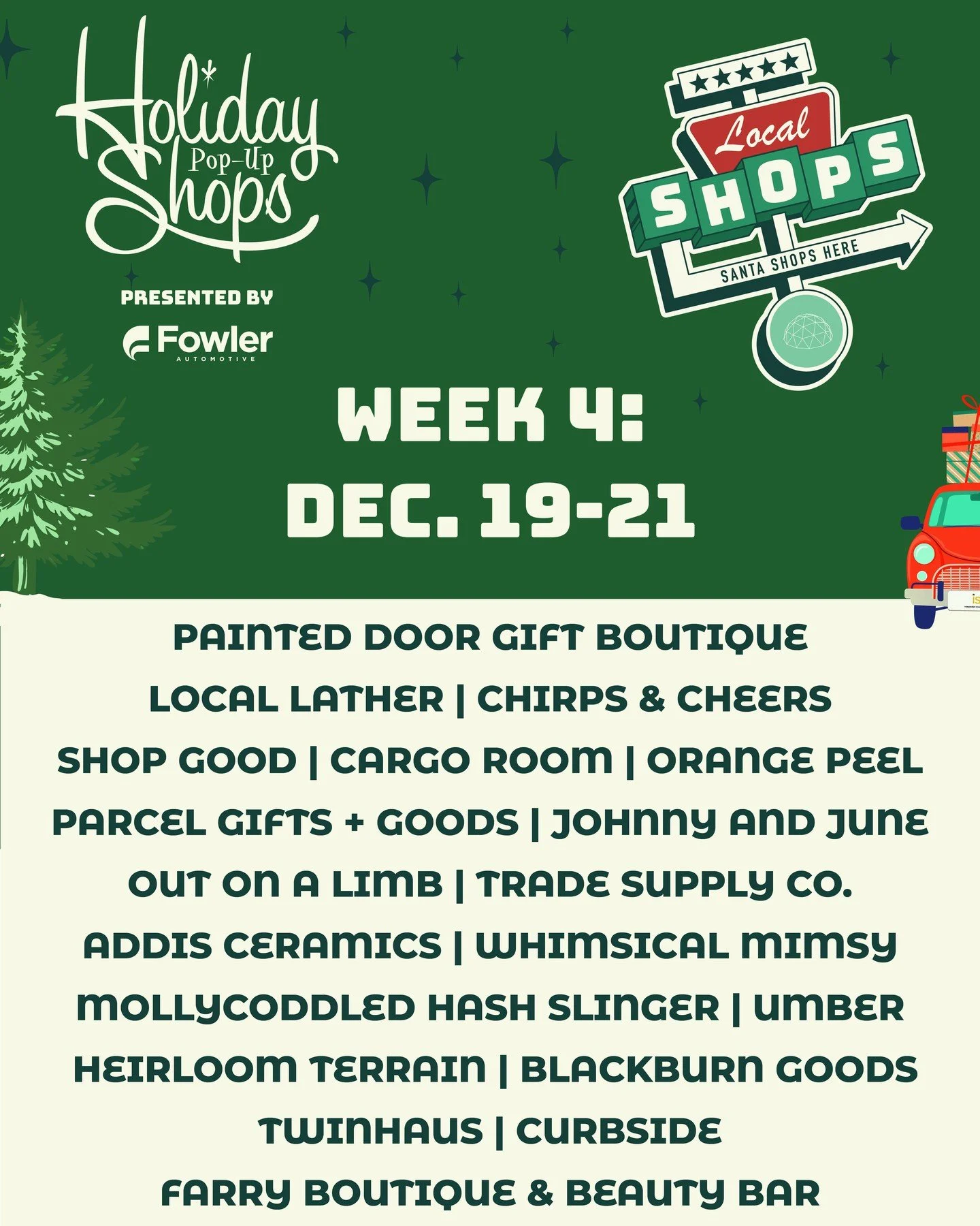 🎄 It&rsquo;s the final weekend of the Holiday Pop-Up Shops!

This is your last chance to shop our rotating lineup of local retailers at the Holiday Pop-Up Shops presented by Fowler Automotive. Every store you see represents an Oklahoma small busines