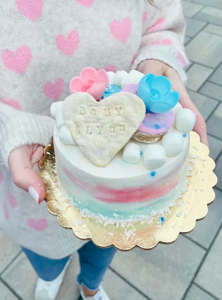 Personalized dog gender reveal cake with pink and blue decorations