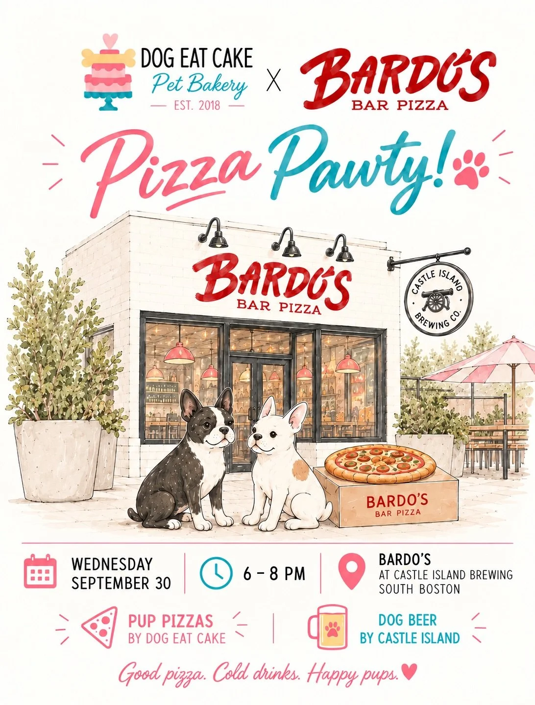 PIZZA PAWTY TIME🍕

We&rsquo;re popping up at Bardo&rsquo;s in South Boston this Tuesday!

Bring your dog for Dog Eat Cake pup pizzas, dog beer by Castle Island, and a very good excuse to have pizza with your dog. 

Reserve your pup&rsquo;s pizza bef