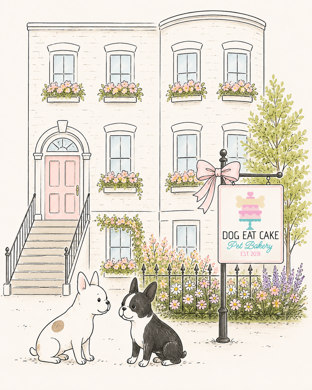 A whimsical Boston townhouse illustration with flowers, two dogs, and a Dog Eat Cake sign