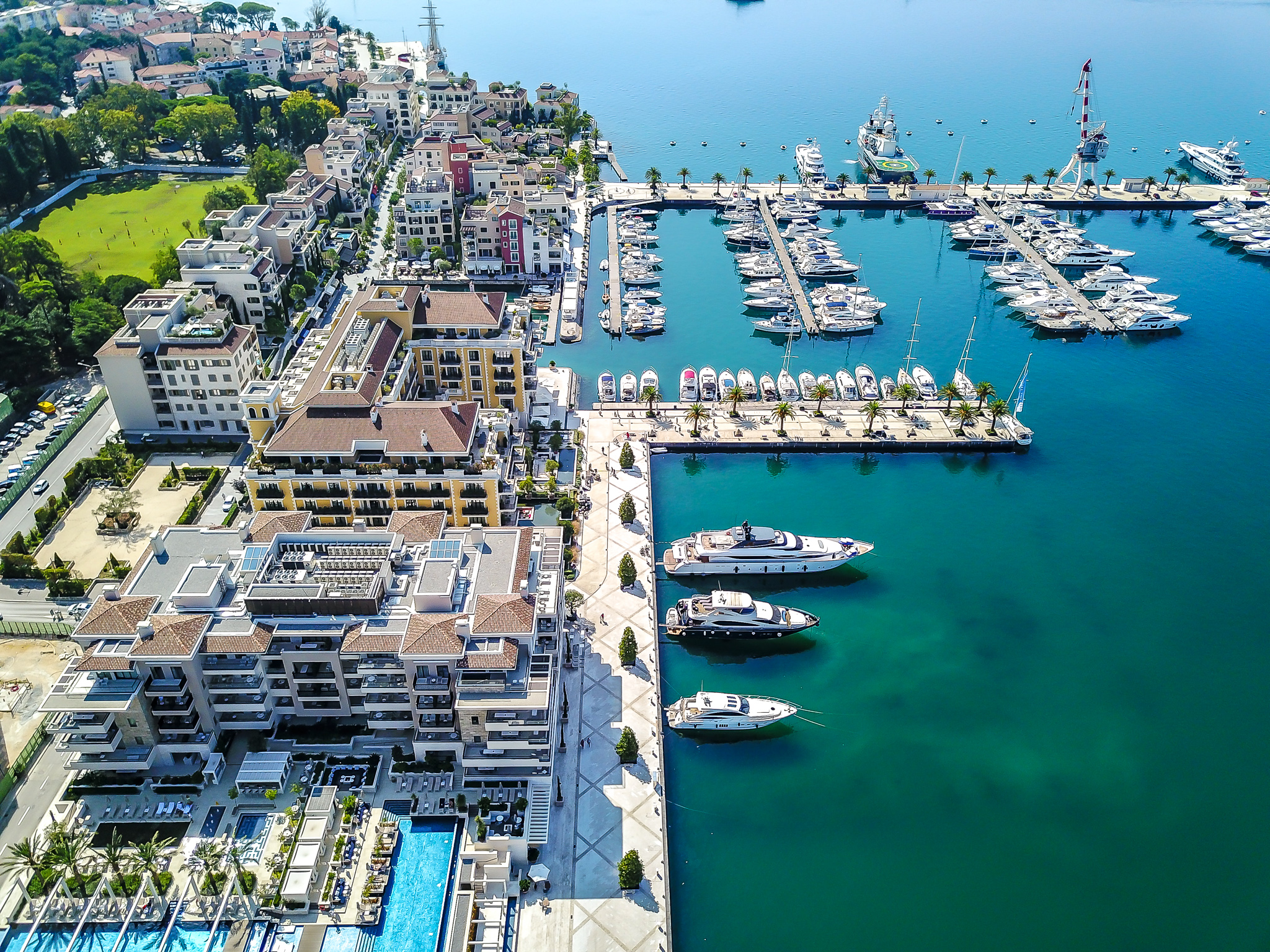  AERIAL OF THE HOTEL REGENT PORTO MONTENEGRO AND THE MARINA 