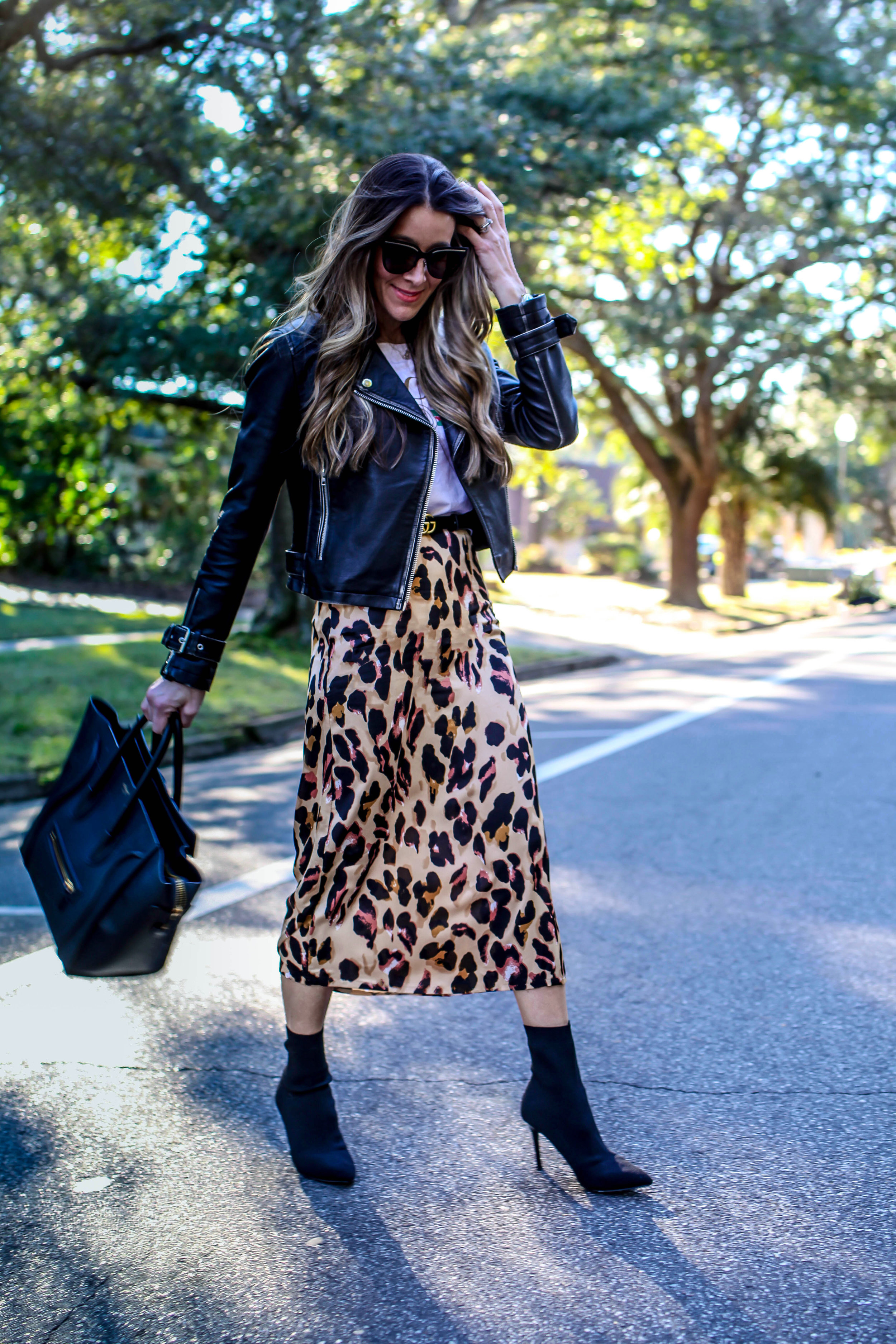  $16 AMAZON SKIRT - LEOPARD - OTHER COLORS HERE AND HERE | FAUX LEATHER JACKET - TOPSHOP - SIMILAR HERE AND HERE | GUCCI TEE - ORIGINAL HERE OR $13 DUPE VERSION HERE | HANDBAG - CELINE - DUPE VERSION HERE | BOOTIES - STEVE MADDEN | SUNGLASSES - SIMILAR HERE | $6 DOLLAR NECKLACE SET - HERE AND HERE 