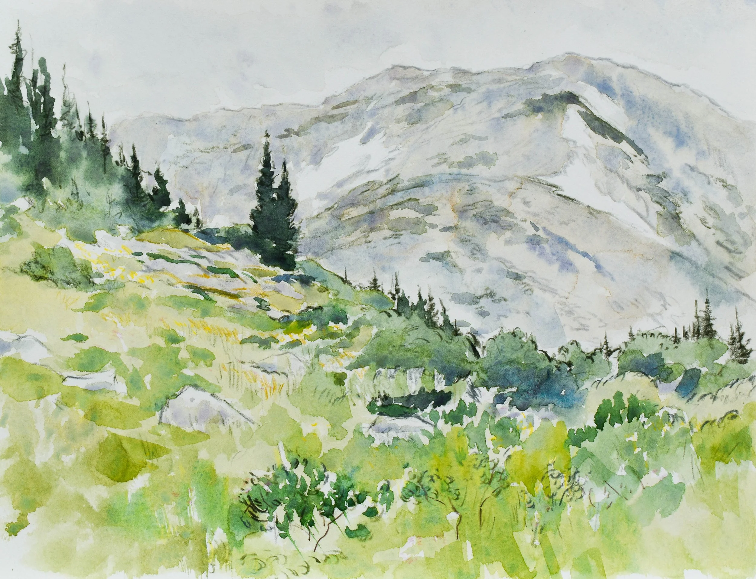 Overcast Snowy Range (plein air), 8" x 10", watercolor and colored pencil