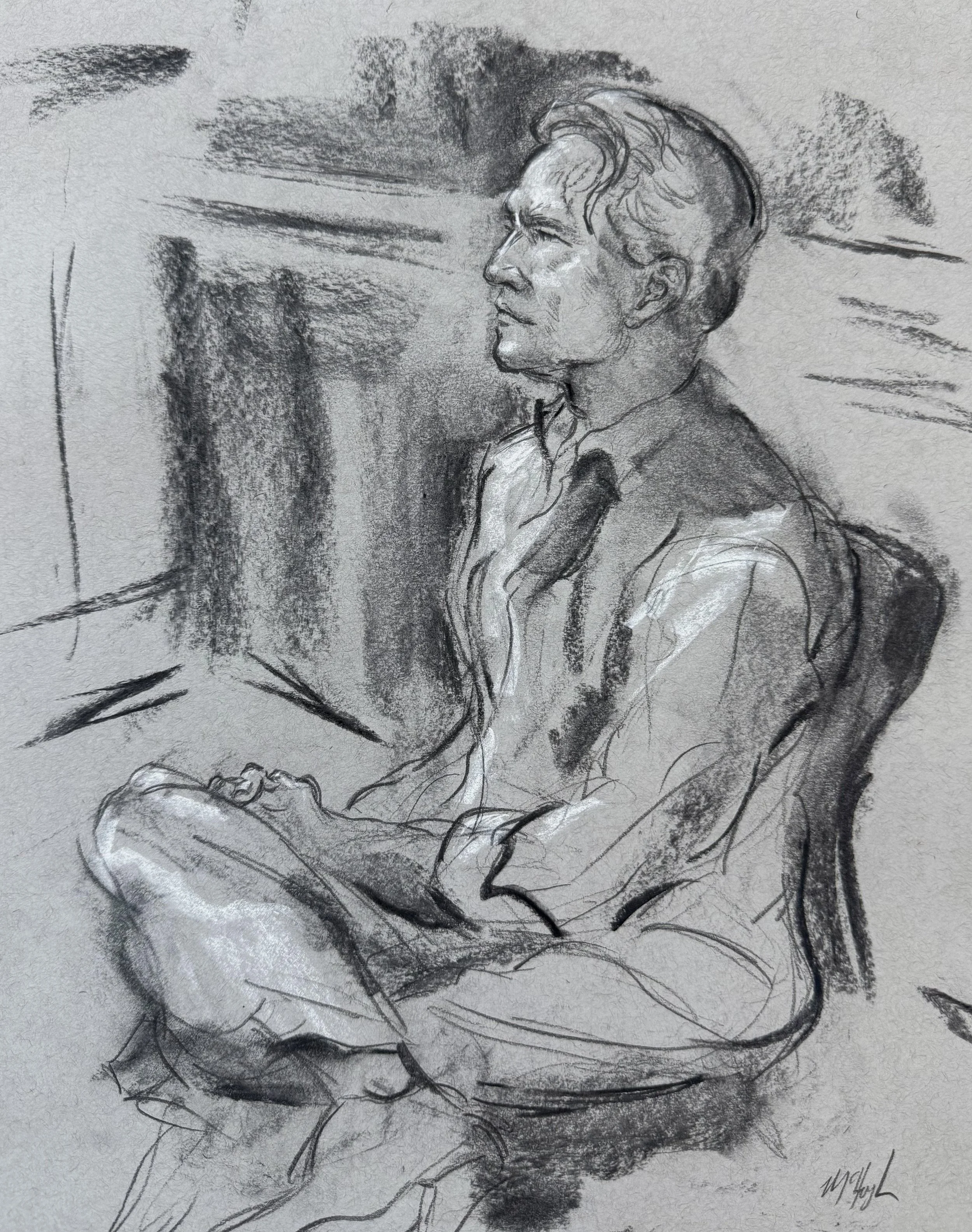 7/24/25 (15 minute drawing from life), black pencil, charcoal and white chalk, 12" x 9"