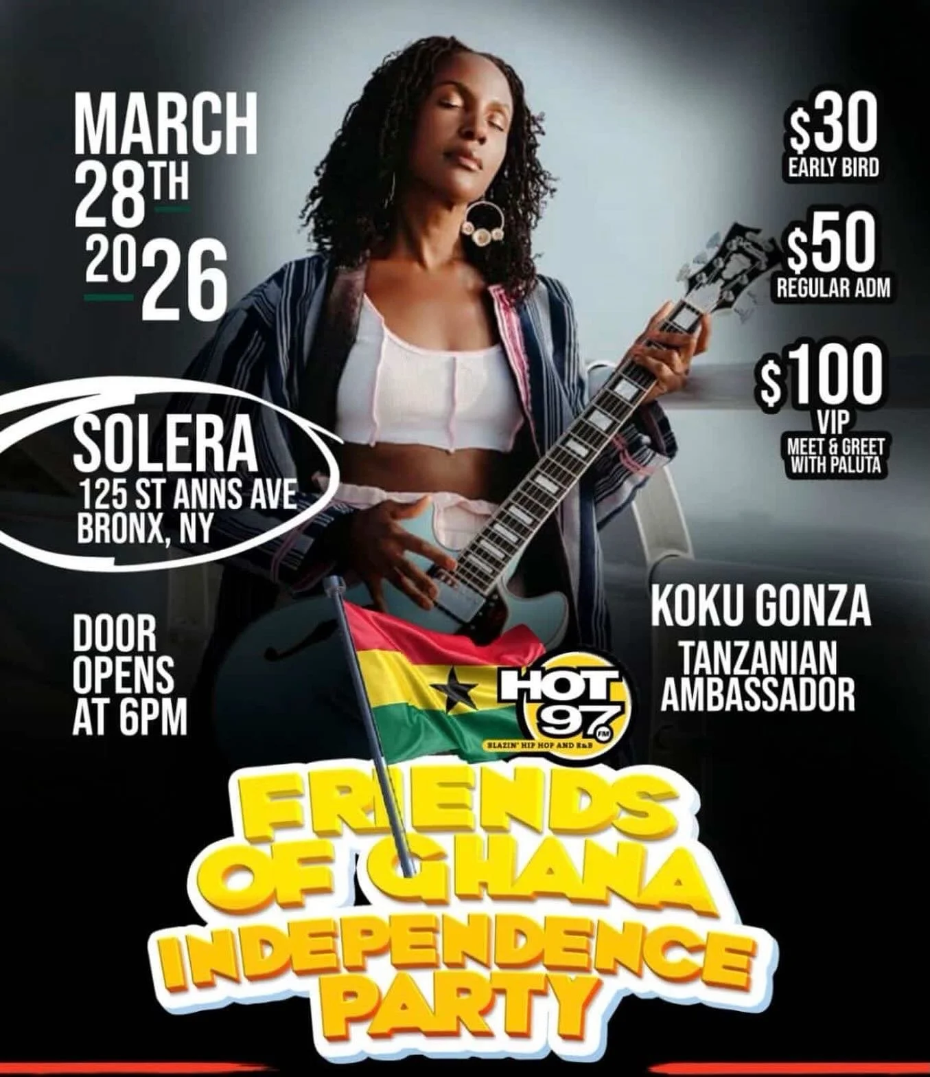 I am an ambassador of Tanzania for @friendsofghana Day party 🎈 🇹🇿 
FASHION SHOW &amp; DANCE COMPETITION 💃 🕺 

-Hosted by @sodrewski of @hot97
-Music by @bobbykonders of @hot97

Saturday March 28th 2026
Venue: @soleranyc
125 St Anns Avenue, Bronx