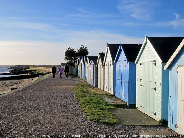 Beach huts in Felixstowe, UK.
