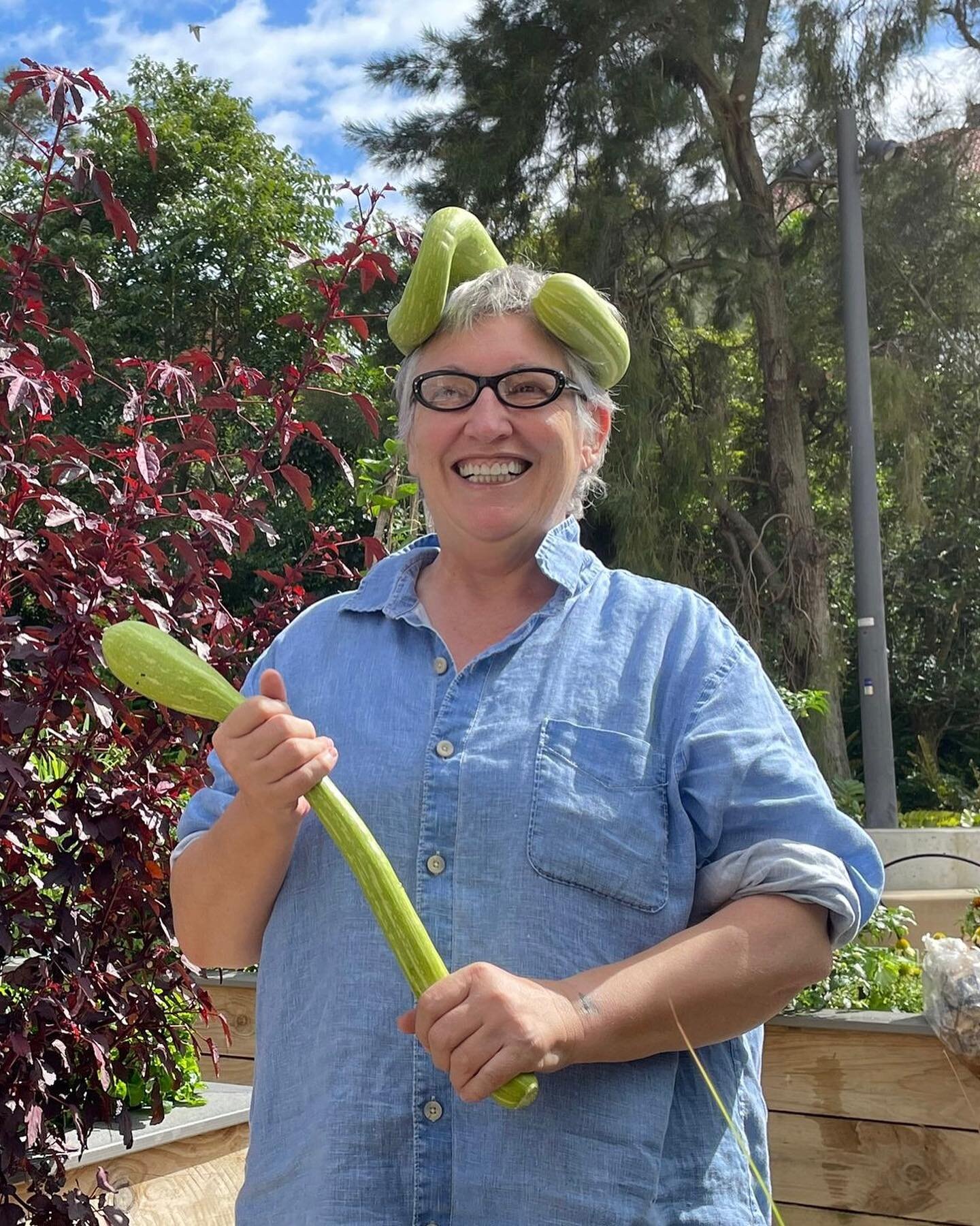 Channeling Salvador Dali&rsquo;s bread hat &amp; leading the ceremonies of the Trumpet Zucchini harvest with her sceptre- thank you Janine, for being inspired and proudly taking on the honour of doing so this morning.

And earlier, when it was living