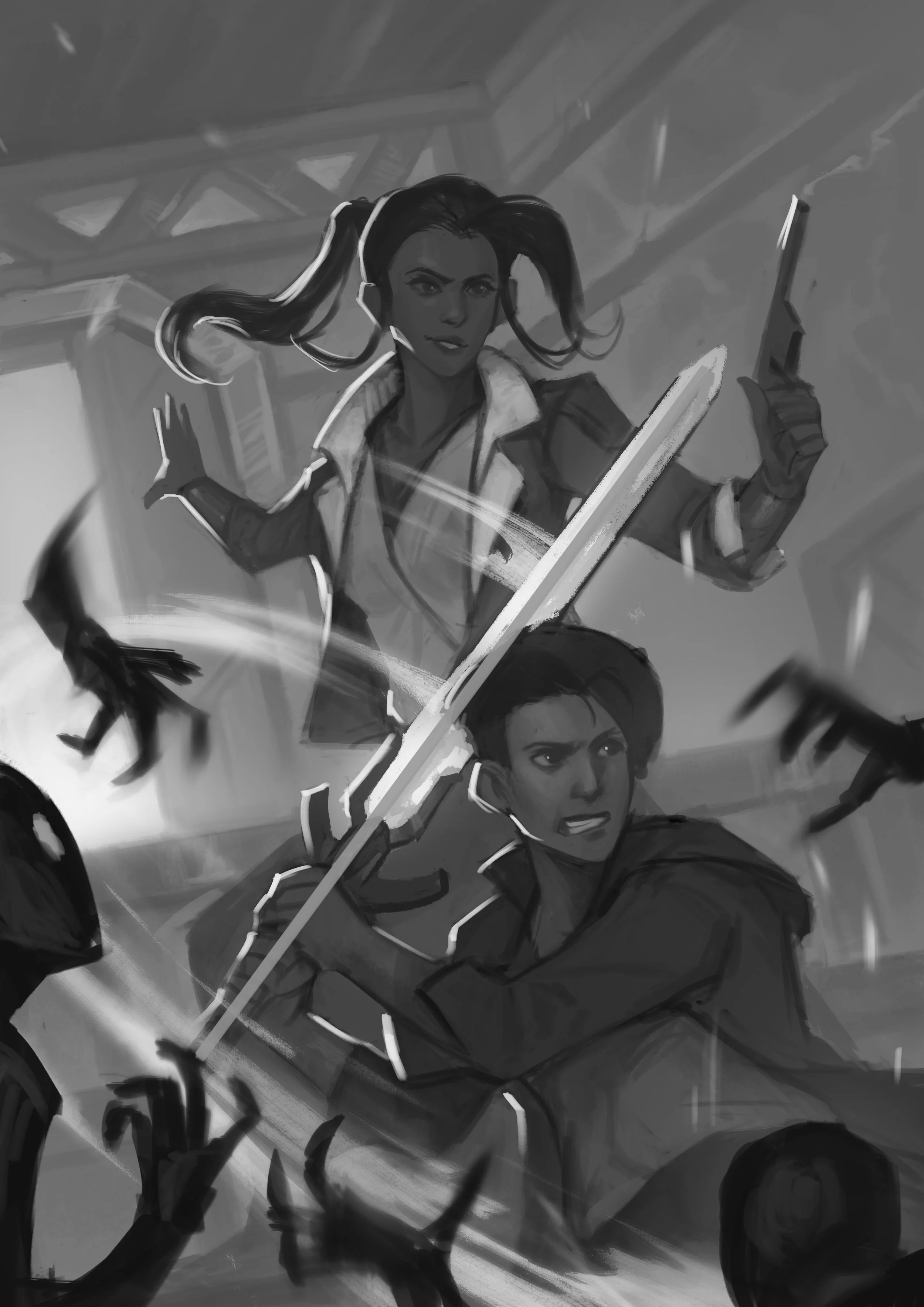 A woman with long hair and a blaster and a man with a beret and a sunsword face off against a horde of attackers in the belly of a spaceship