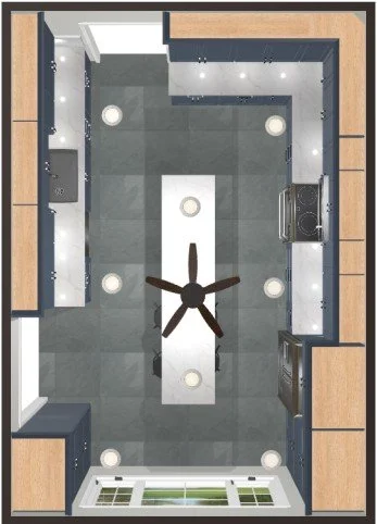 Top-down view of a modern kitchen with gray flooring, white and wooden cabinets, a kitchen island with a clock in the center, and black appliances.