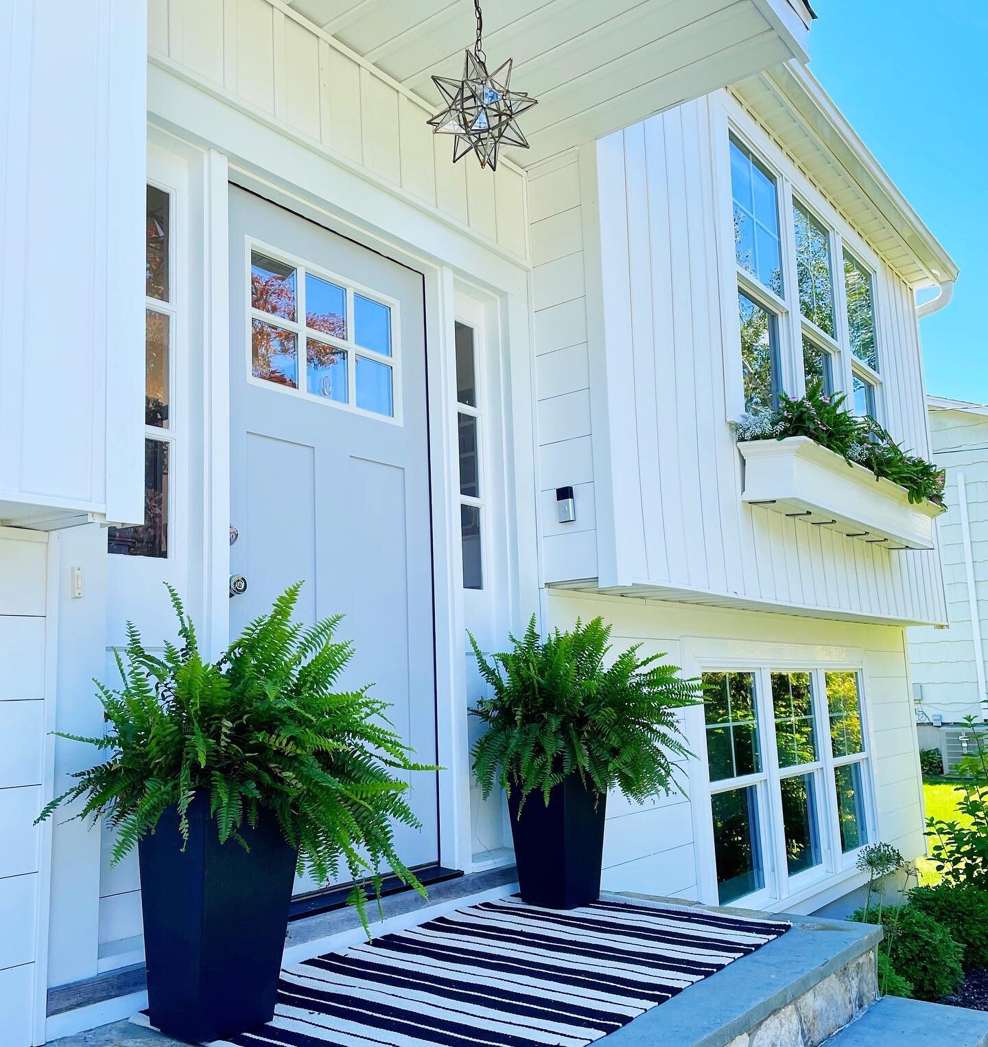 🌿simple summer decor.
.
.
.
#reinventingtheraisedranch #raisedranch #raisedranchremodel #raisedranchentry #frontdoordecor #windowboxes #ferns #blackandwhite #summerdecor #splitlevelhome #raisedranchexterior #raisedranchrenovation #raisedranchinspo #