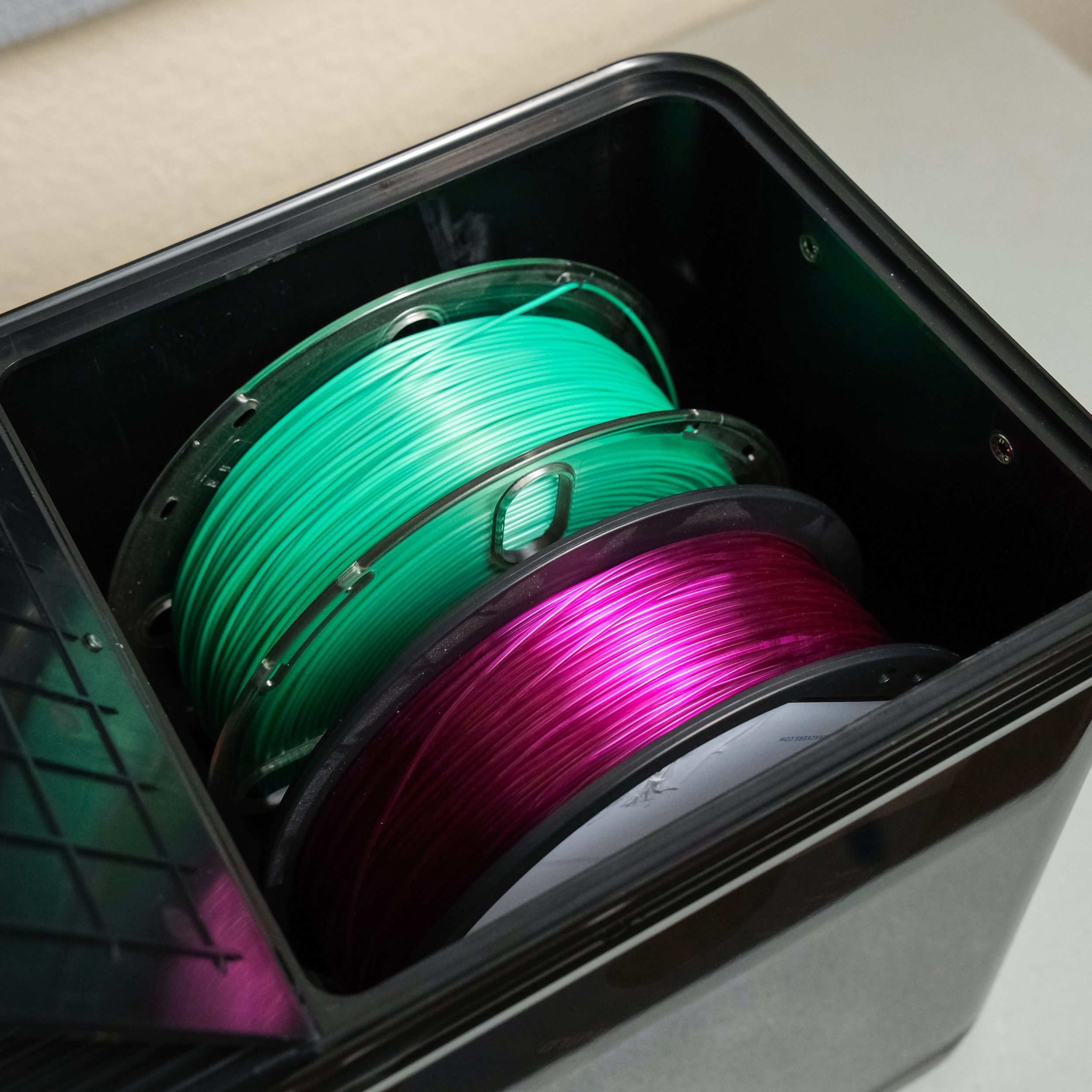 Two 1kg filament spools fit comfortably on each side of the machine.