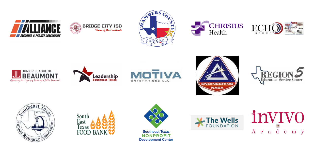 Collage of various organizational logos, including Alliance Engineers & Project Consultants, Bridge City ISD, Chambers County Texas, Christus Health, Echo Group, Junior League of Beaumont, Leadership Southeast Texas, Motiv Enterprises LLC, JSC NASA Engineering, Region 5 Education Service Center, Southeast Texas SETHRA Human Resource Association, South East Texas Food Bank, Southeast Texas Nonprofit Development Center, The Wells Foundation, and Invivo Academy.