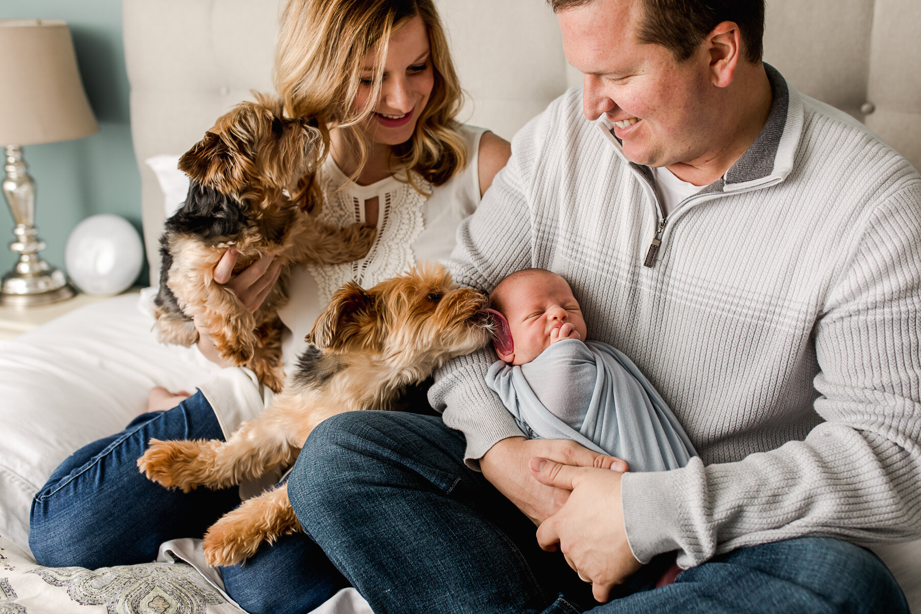 in-home newborn session with puppy dogs Dallas Fairview Frisco