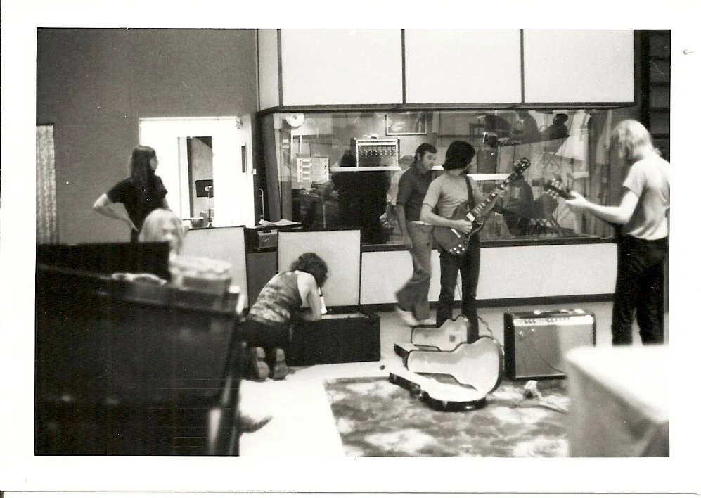 The Allman Brothers Band set-up during the 1970 recording sessions for Idlewild South at Criteria Recording Studios, Miami, Florida. Mack Emerman, founder and owner of Criteria, pictured center. Photo courtesy of the author.