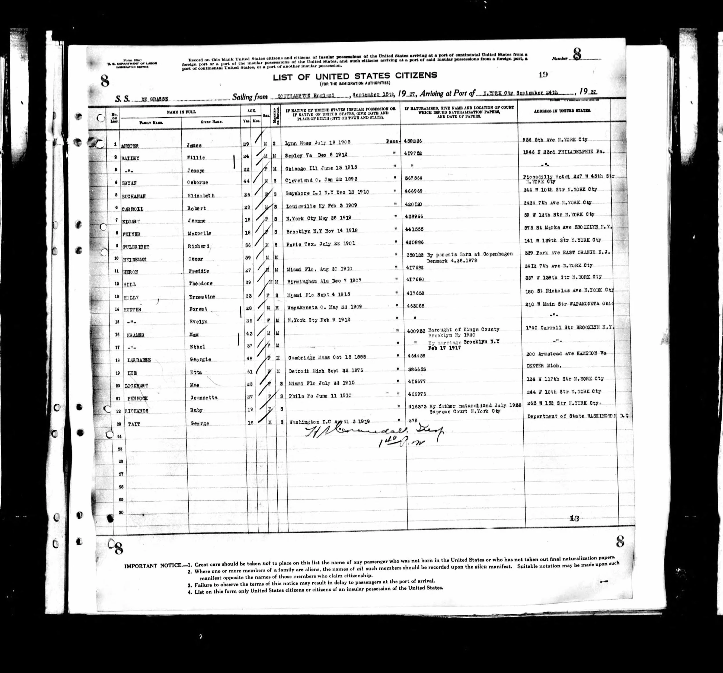 Passenger List for the S.S. De Grasse, which returned Teddy Hill and His Orchestra (including Robert Carroll) to NYC from the UK in 1937