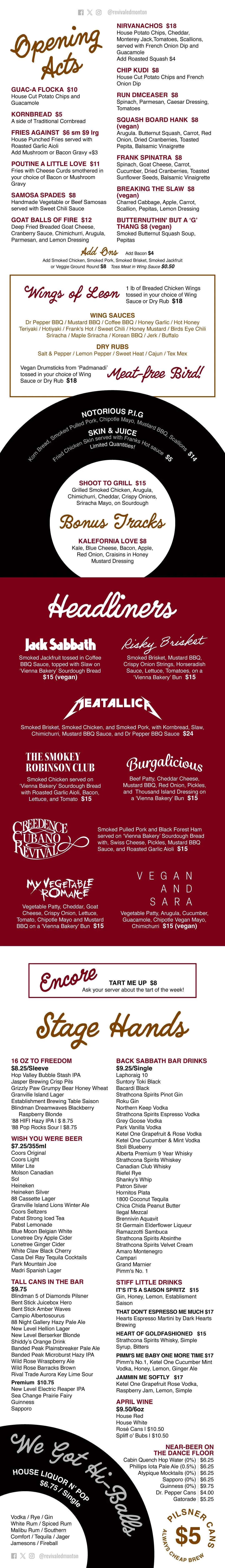 Current River City Revival House menu.