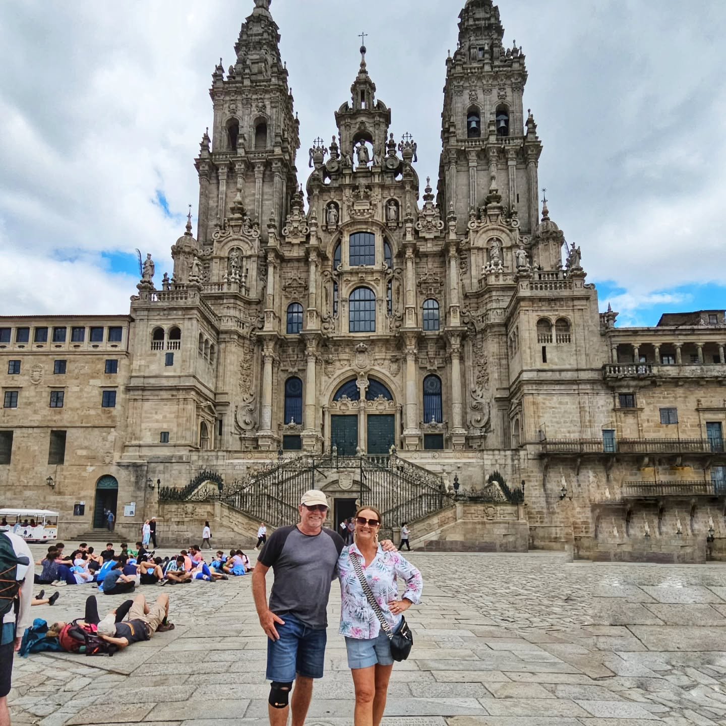 Here we are grabbing a picture at one of the most famous cathedrals in Spain. You can see some tired pilgrims in the background. Of course we are in Santiago de Compostela.
The 2nd picture is of the crypt of Saint James inside the cathedral. 
We love