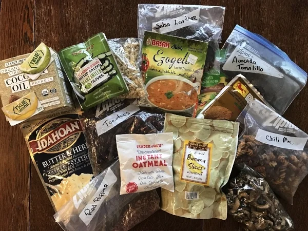Plastic bags full of colorful dry food.