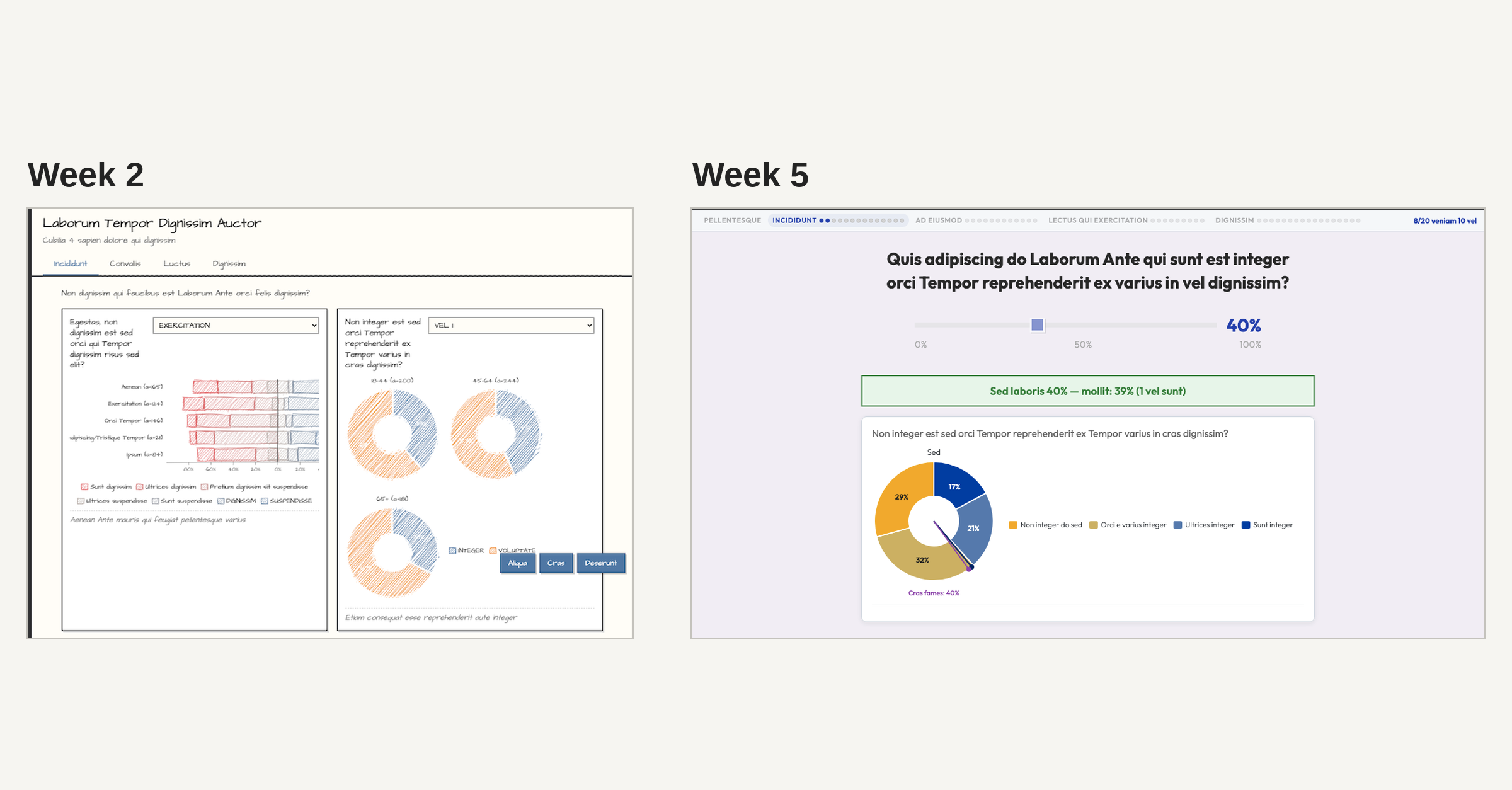 Two different prototypes from week 2 and 5. On the left, a gallery shows a series of stacked bar charts;  and a set of pies. All edges are drawn with rough scribbled-looking lines. On the right, a polished interface partway through an extended scroll
