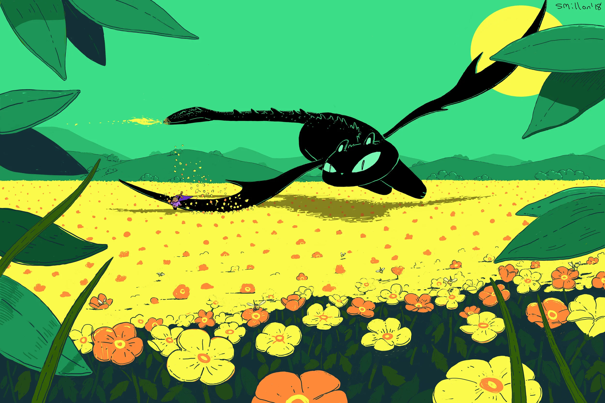 Cat Dragon Flying Through A Flower Field 12x18 Art Print