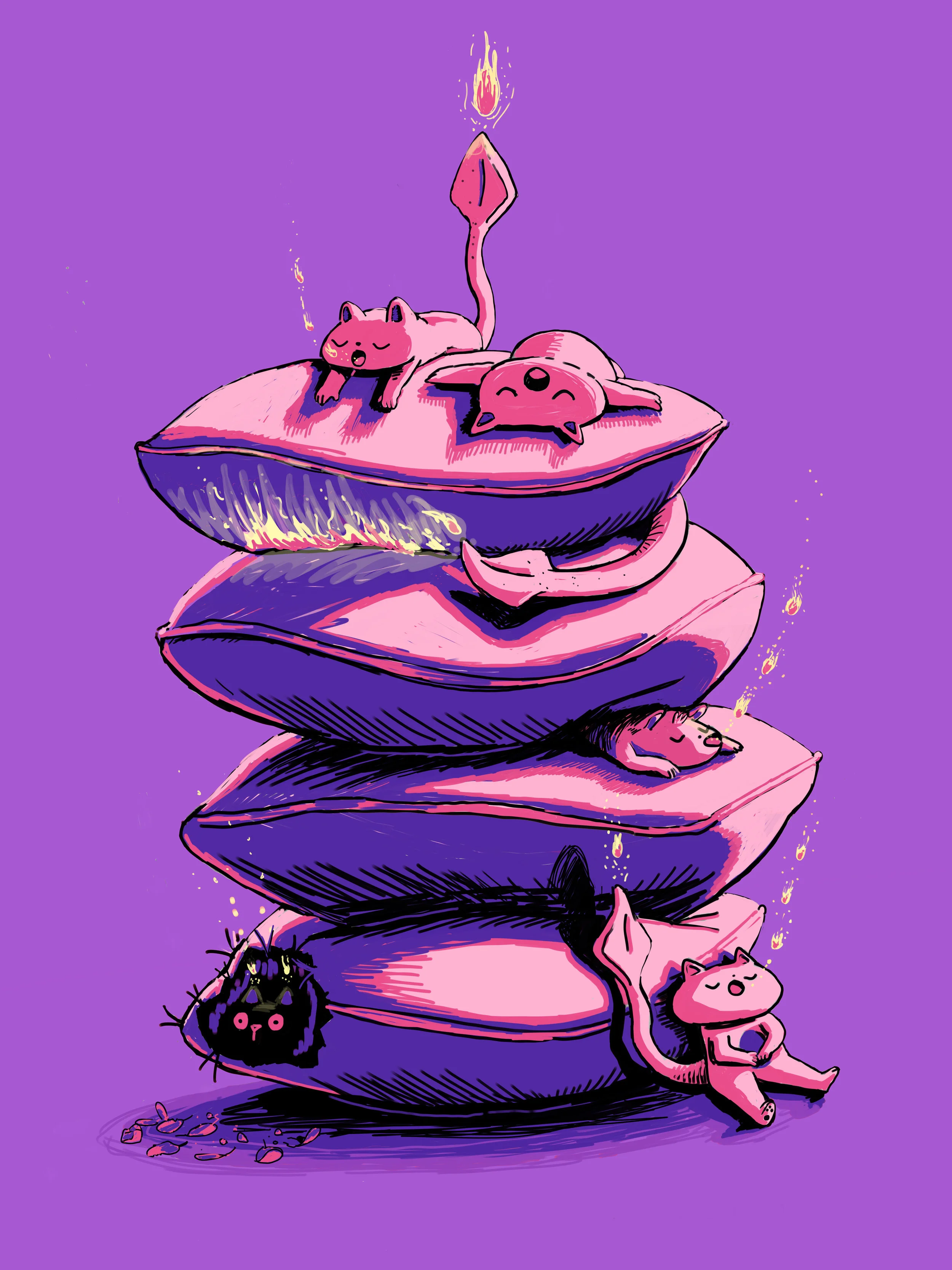 Little Cat Dragons Sleeping on Pile of Pillows