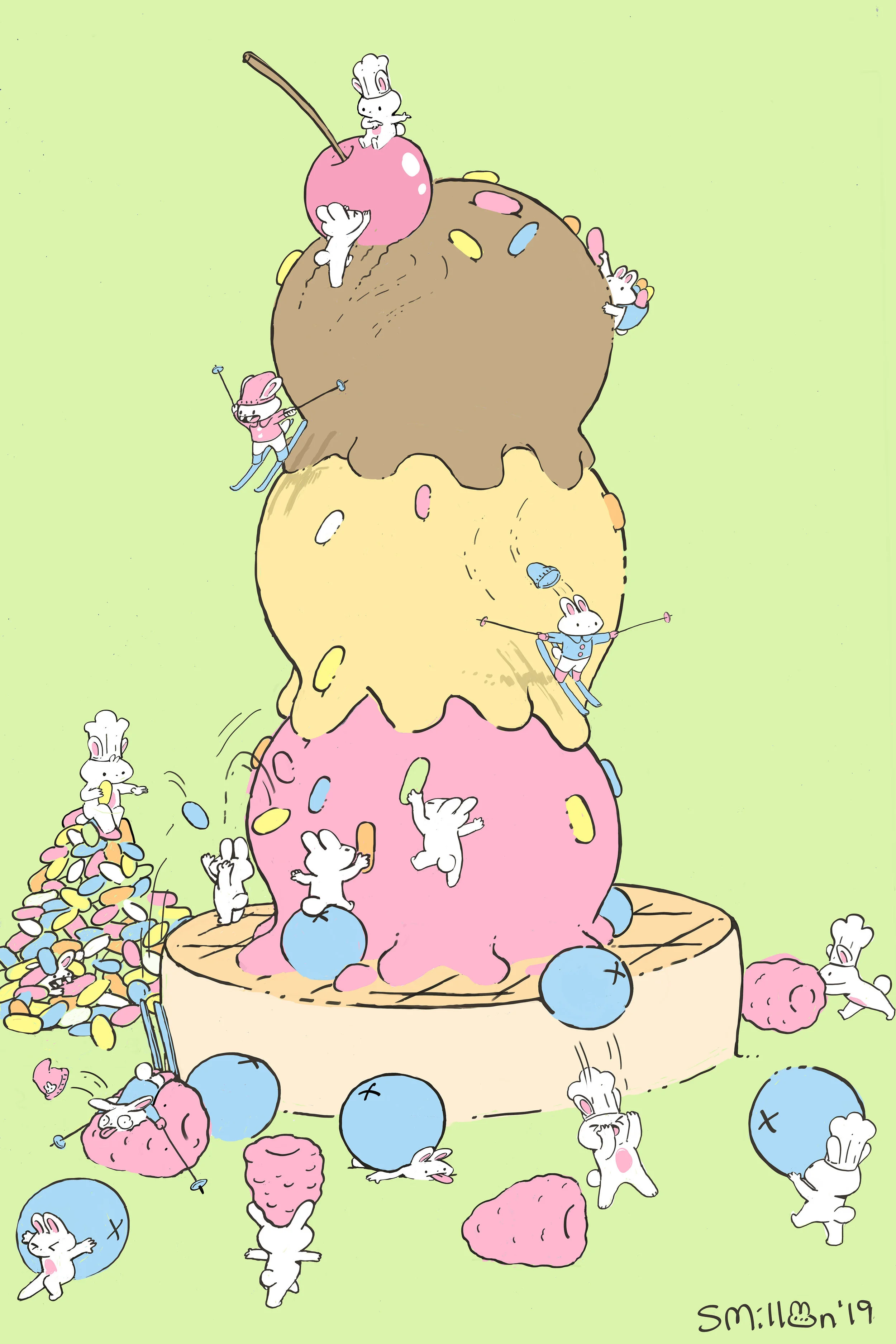 Tiny Chef Bunnies Make Waffle Ice Cream Tower