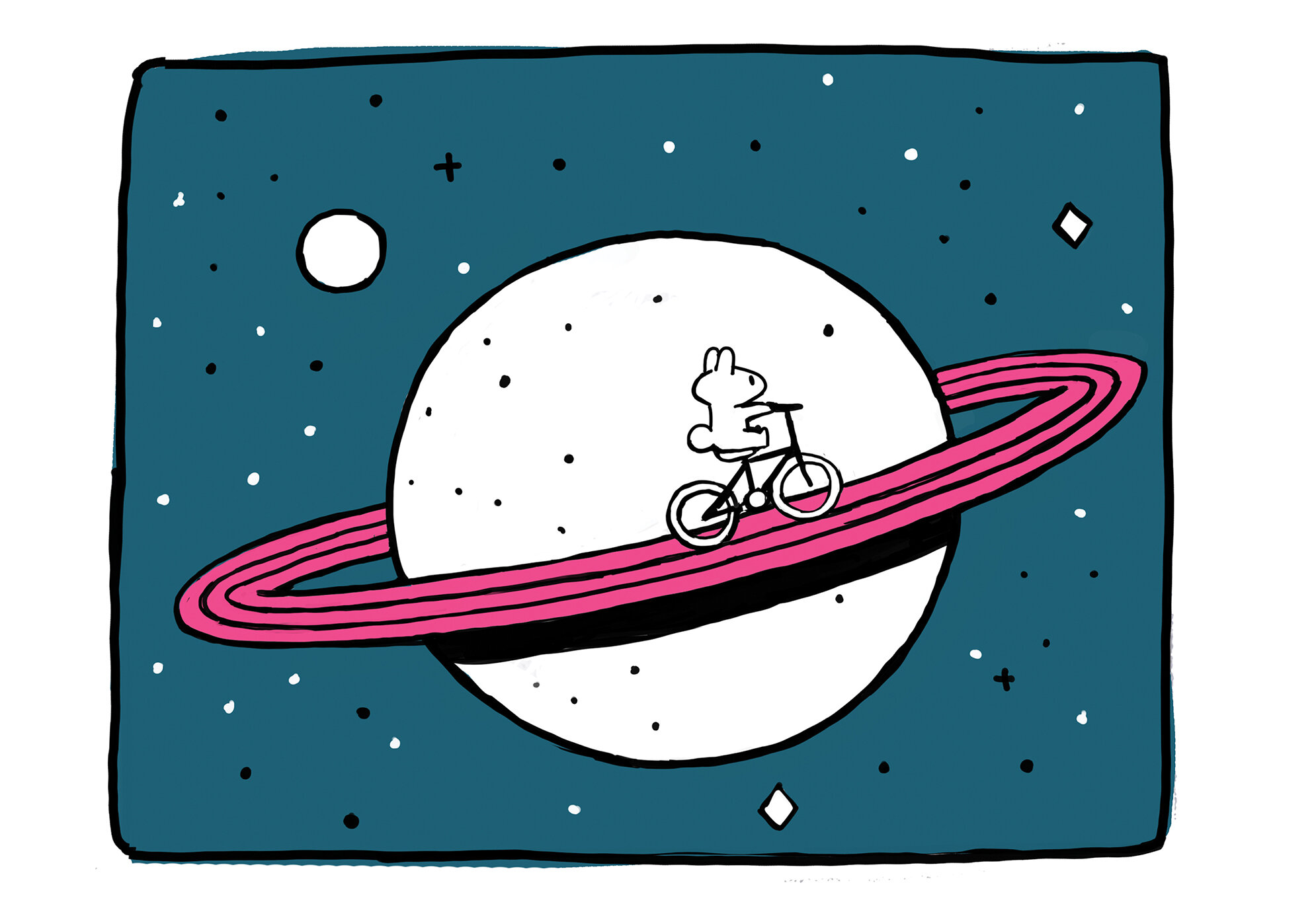 Bunny Riding Bike On Saturn Art Print