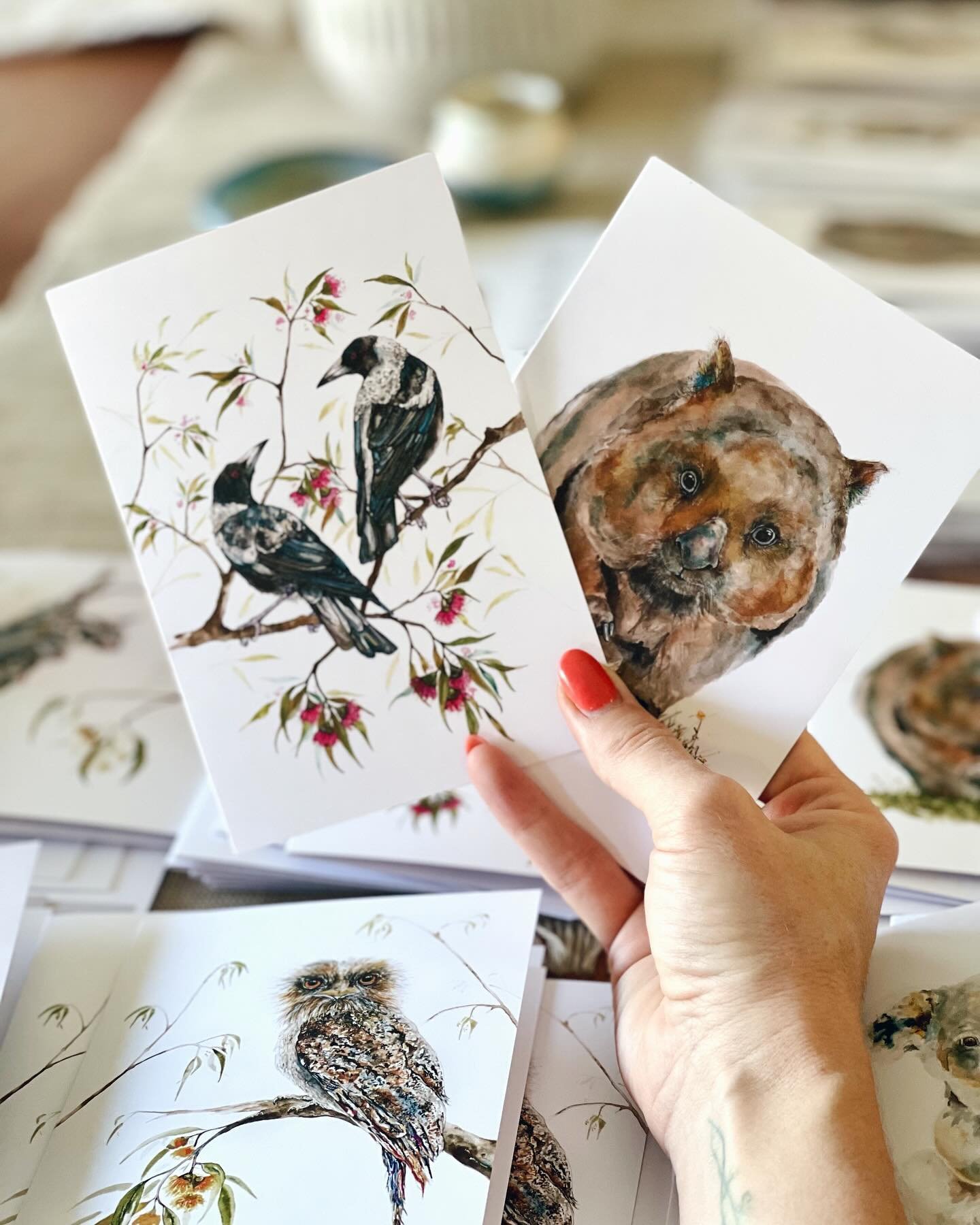 Hours today spent packaging and restocking greeting cards in time for the @riverfrontboutiquemarkets this Saturday.. how good do my Maggie and Wombat cards look? 😎 If you&rsquo;re after a gift for Mother&rsquo;s Day I&rsquo;ll also have prints, orig
