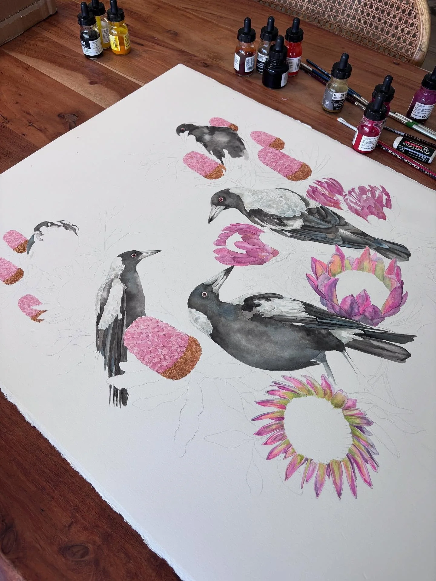 Hey lovely people, happy Friday! To all my fellow Victorian teachers, we made it to the end of term, woot woot! 🎉 
Just sharing a progress pic of the artwork I&rsquo;m donating to the @thepinkballmildura to raise money for @sunraysiacancerresources.