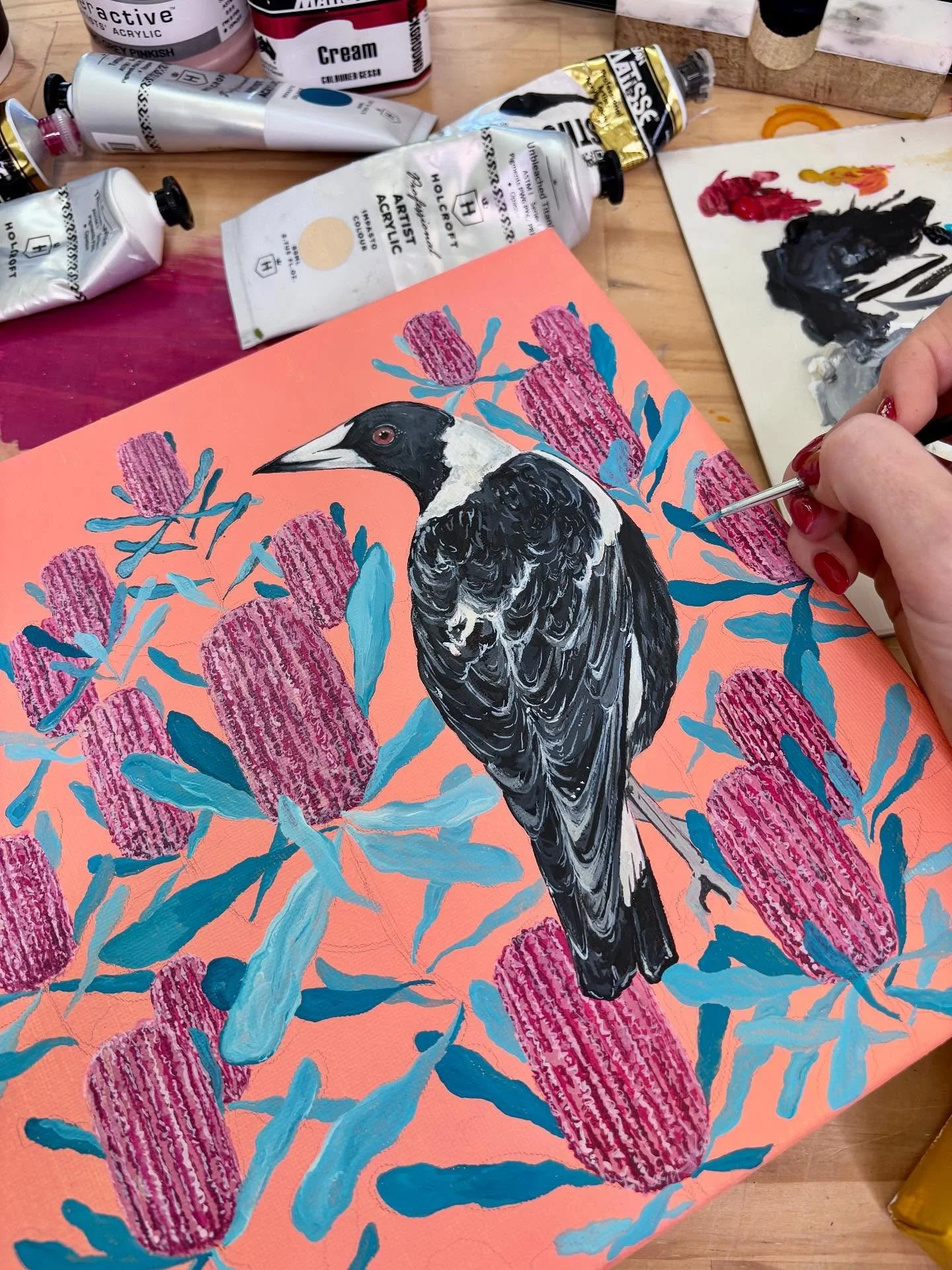 To my collectors who love acrylics on canvas.. something cute is on its way 🌸

#wip #painting #acrylic #acryliconcanvas #magpie #banksia