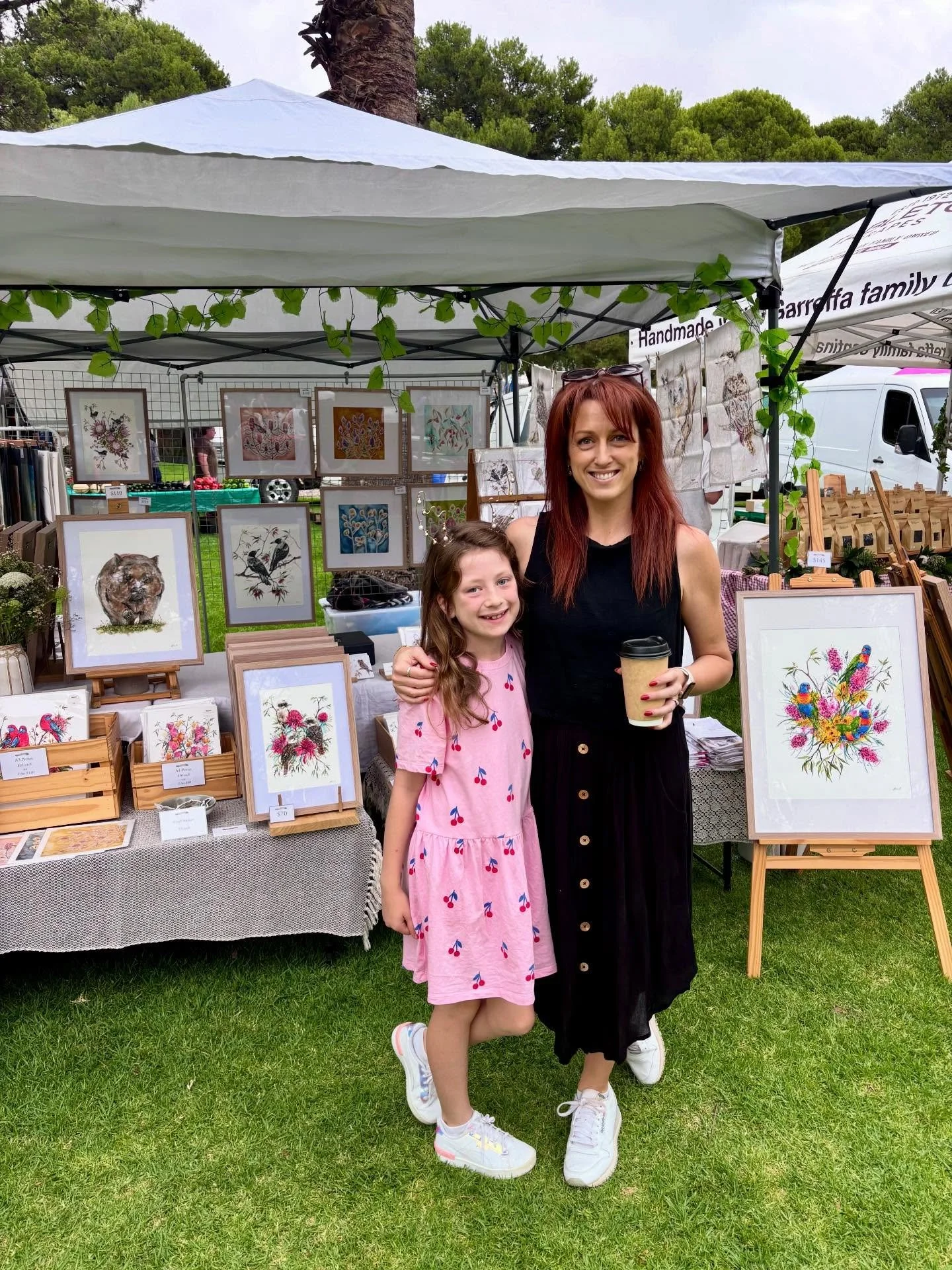 Good morning my loves! I&rsquo;m here at the @sunraysiafarmersmarket this morning with my little helper and we&rsquo;re all set up ready to go! 🌸 Framed and unframed prints, cards, stickers, Christmas cards, tea towels, original artworks on paper, c