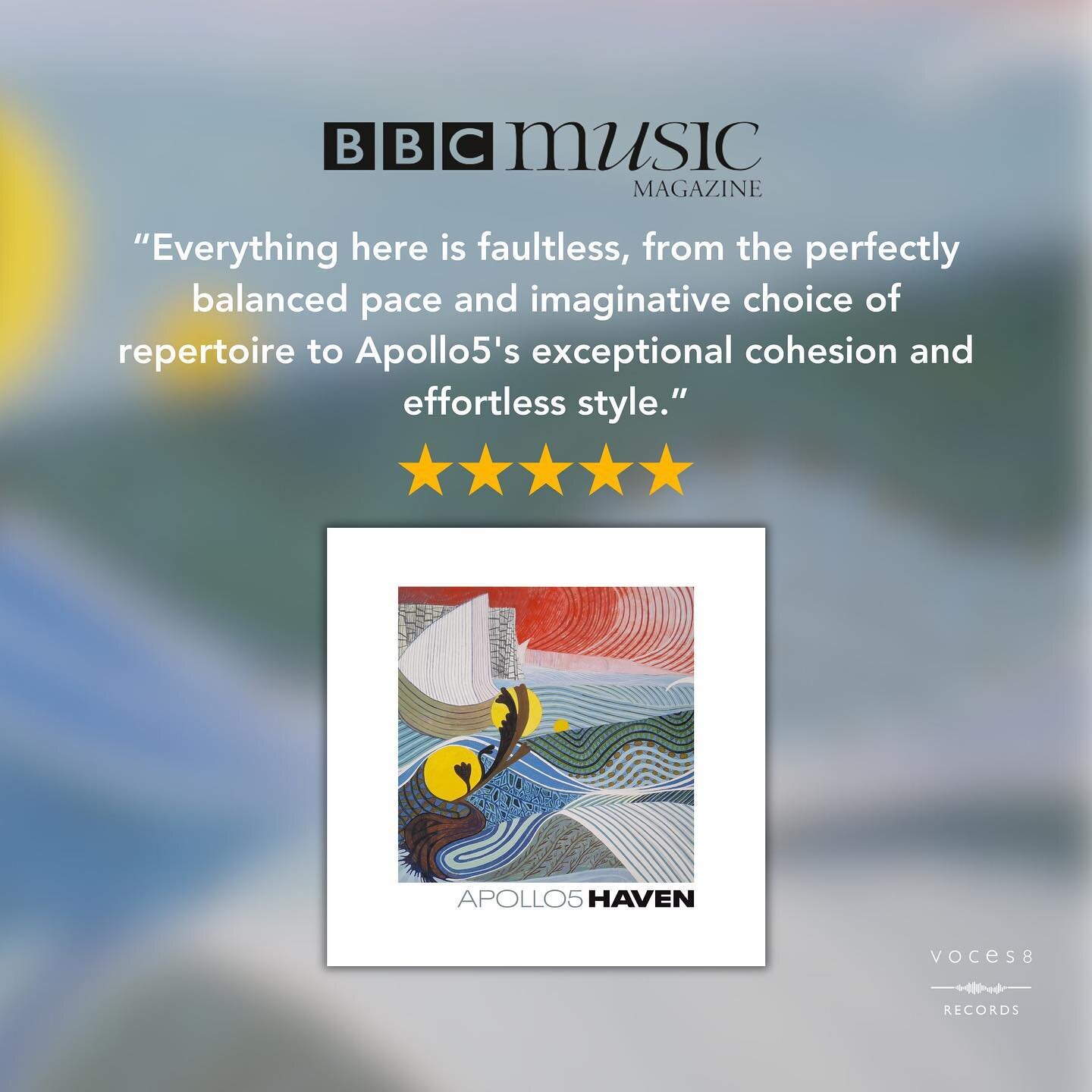A fantastic ⭐️⭐️⭐️⭐️⭐️ review for Apollo5&rsquo;s &lsquo;Haven&rsquo; published in January&rsquo;s edition of BBC Music Magazine. 

Read the full review online. 

🎧Listen to &lsquo;Haven&rsquo; now on your favourite streaming platform #VOCES8Records