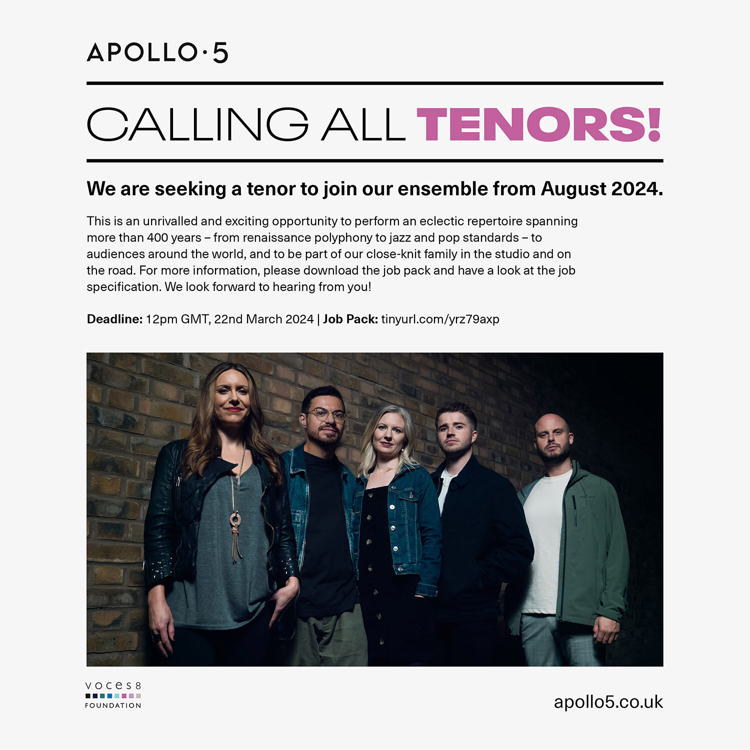 @apollo5.uk are on the search for their new Tenor! 

Find out more and apply below in our bio ⬆️

#apollo5 #tenor #tenorjob #singerjobs #inspirethroughmusic