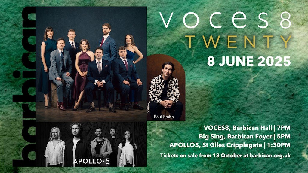 VOCES8 is turning TWENTY this season and we're celebrating next June at London's Barbican Centre!

This special event will also feature a lunchtime performance from @apollo5.uk, celebrating its 15th anniversary, and a community singing session led by